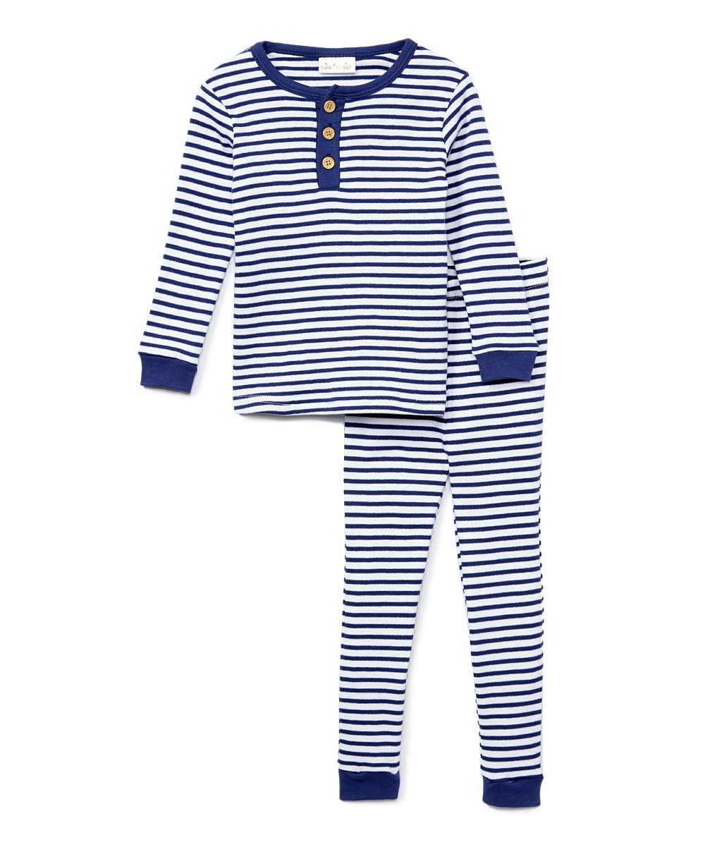 Boy's Long-Sleeve Striped Printed Pajama Sets - Navy - Sizes 6-10