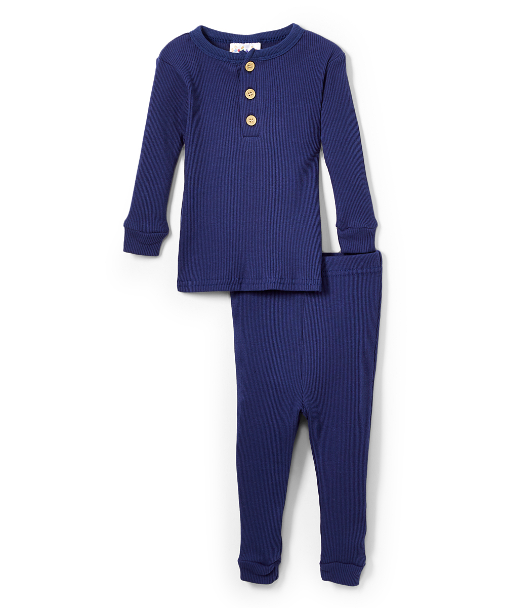 Boy's Long-Sleeve Ribbed Pajama Sets - Navy - Sizes 6-10