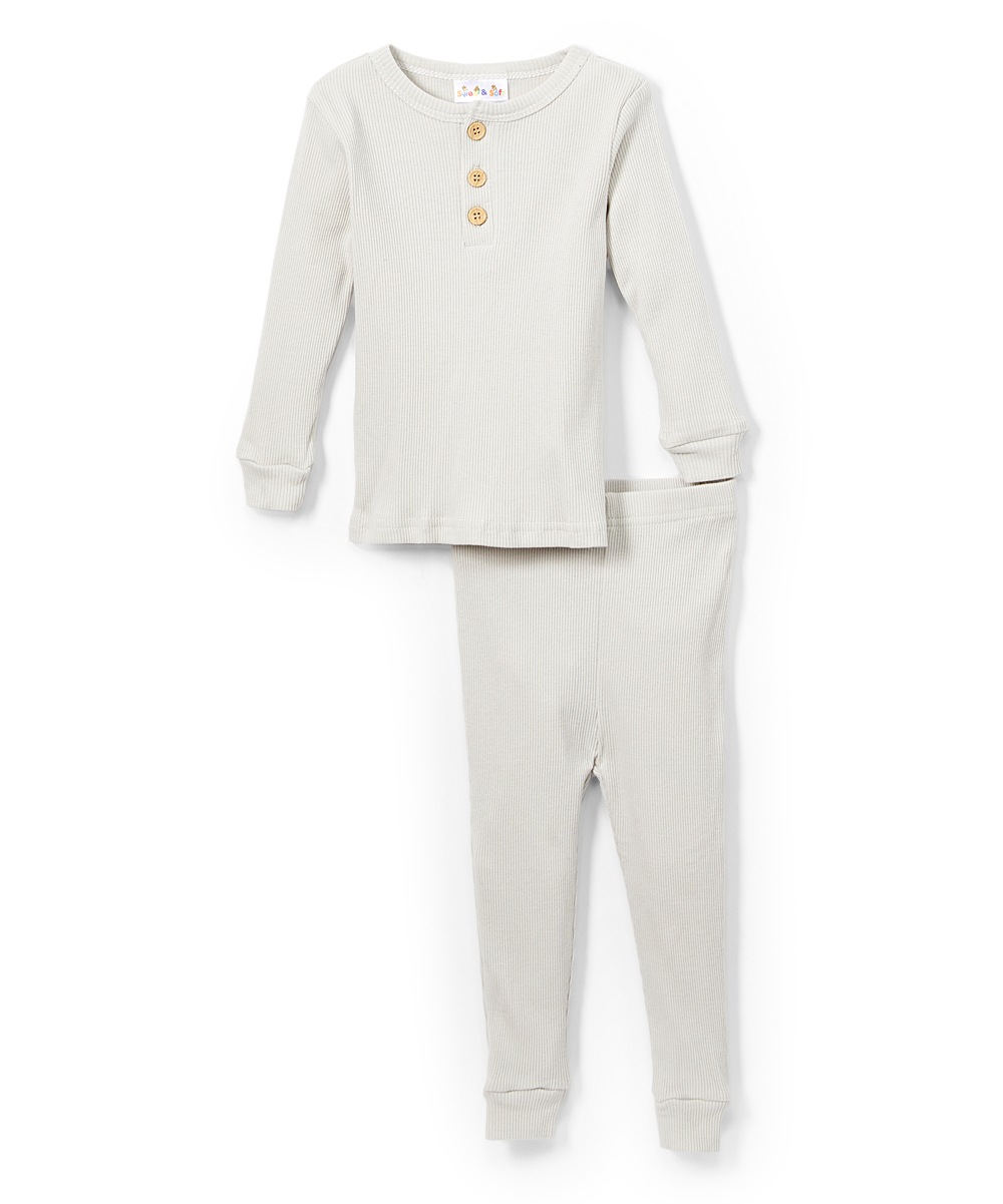 Boy's Long-Sleeve Ribbed Pajama Sets - Grey - Sizes 6-10