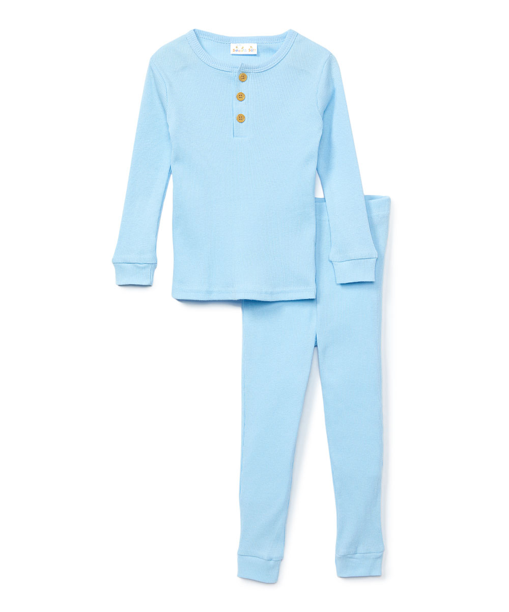 Boy's Long-Sleeve Ribbed Pajama Sets - Light Blue - Sizes 6-10