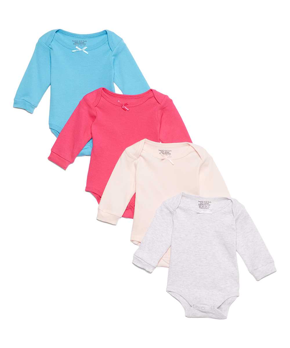 Newborn Infant Long-Sleeve Bodysuit Onesie Sets w/ Embroidered Ribbon - 4-Pack