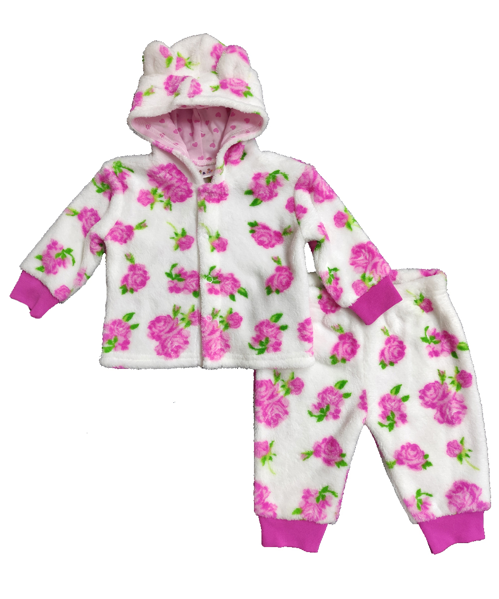Baby Girl's Coral Fleece Hooded SHIRT & Pants Set w/ Rose Flower Print