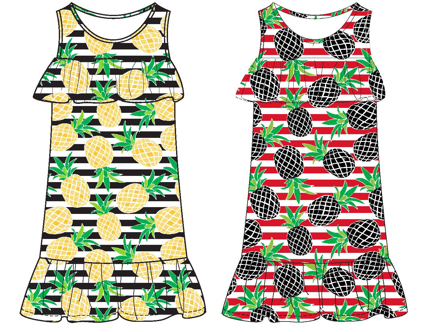 Girl's Sleeveless DRESS w/ Ruffle Front Yoke & Pineapples Pint - Sizes 4-6X