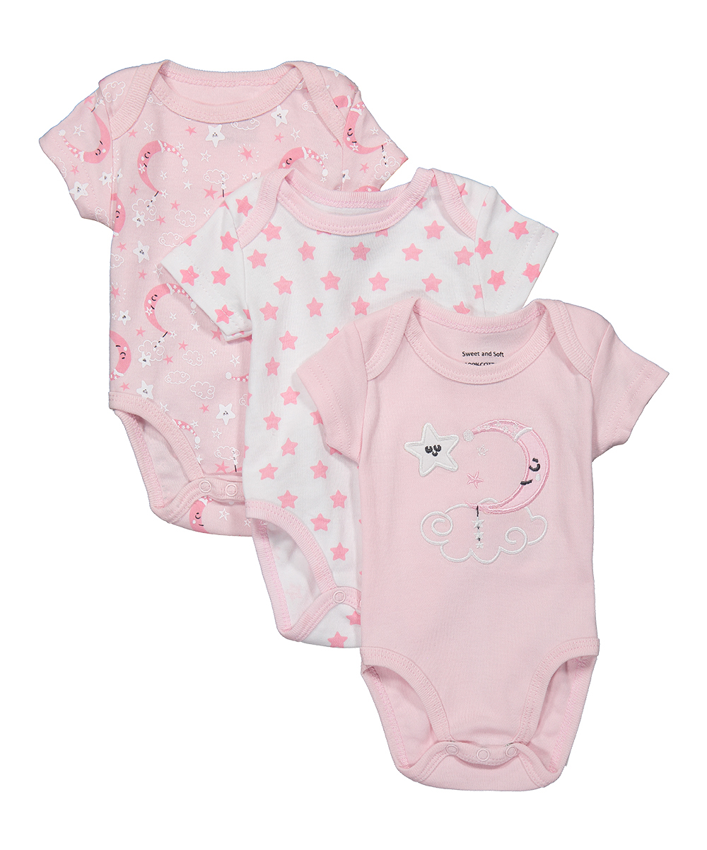 ''Baby Girl's Short-Sleeve Bodysuit Onesies w/ Embroidered Clouds, Stars & Crescent Moon - 3-Pack''