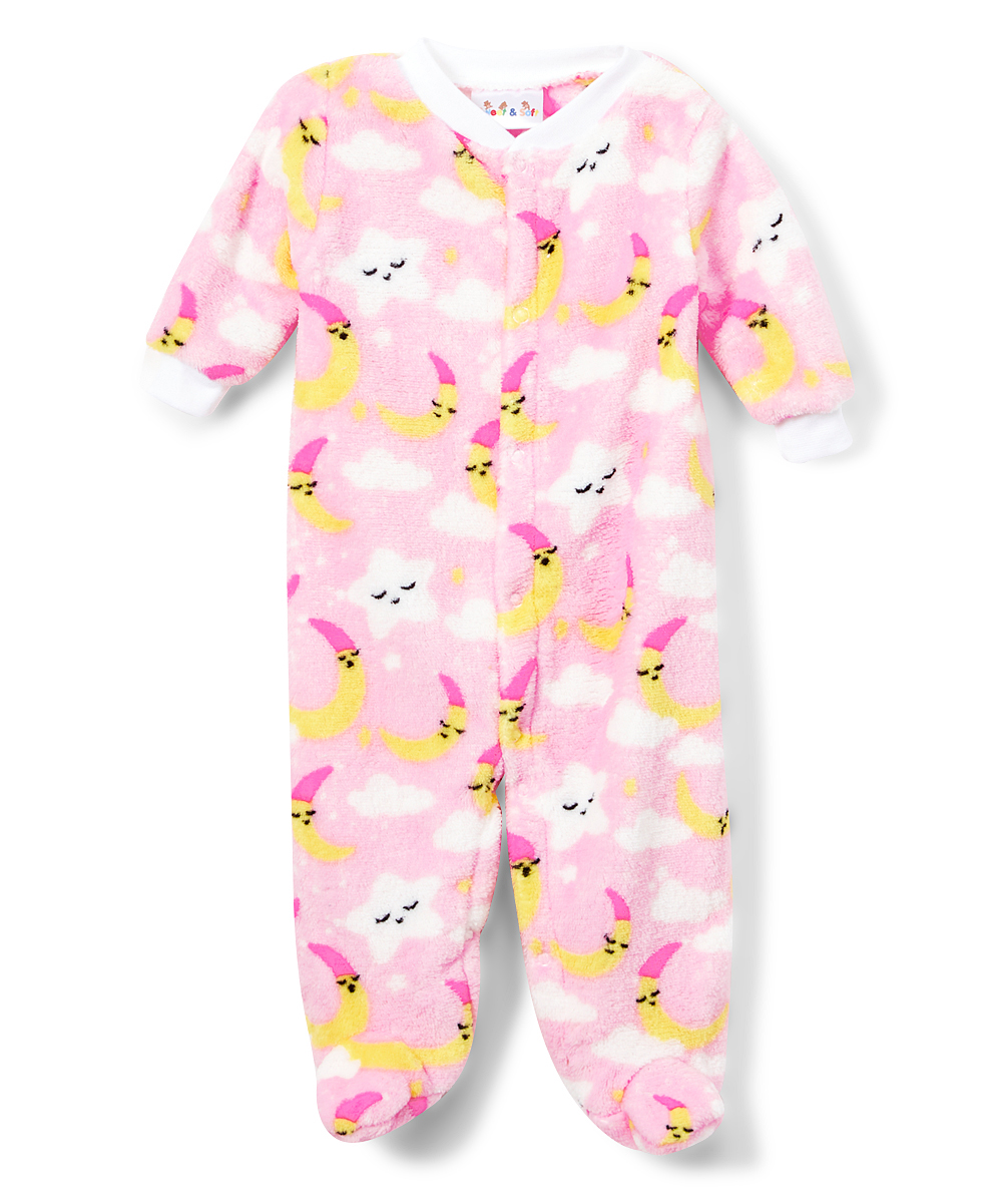 Baby Girl's Coral Fleece Footed PAJAMAS w/ Bedtime Star & Crescent Moon Print