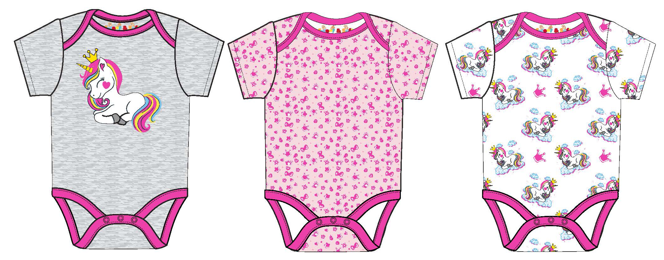 Baby Girl's Short-Sleeve Bodysuit Onesies w/ Unicorn & Daisy FLOWER Print -Sizes 0/3M-9M - 3-Pack