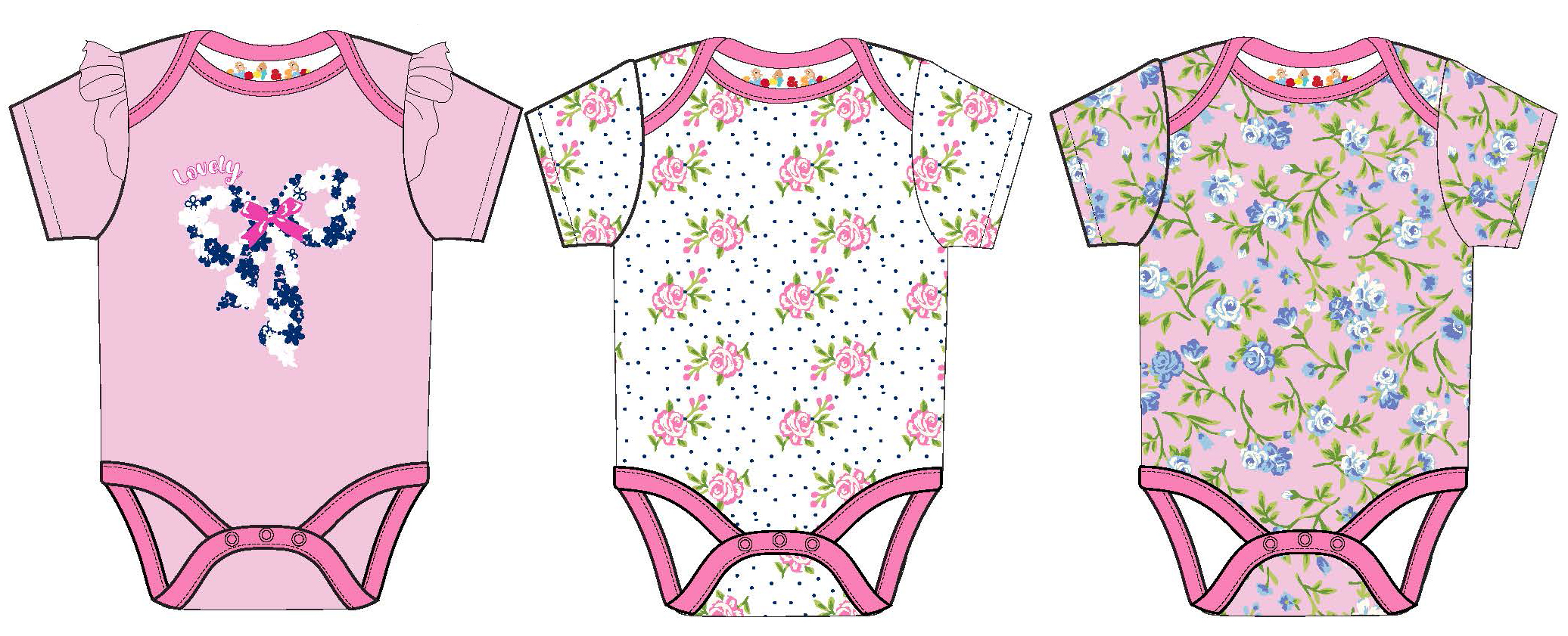 Baby Girl's Short-Sleeve Bodysuit Onesies w/ Polka Dot & Floral Print -Sizes 0/3M-9M - 3-Pack