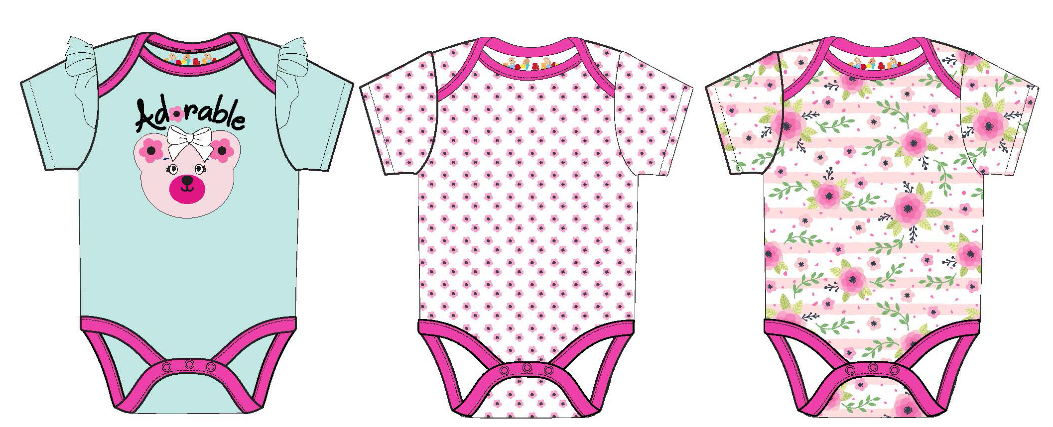 Baby Girl's Short-Sleeve Bodysuit Onesies w/ Fashion FLOWERS & Adorable Bear Print -Sizes 0/3M-9M - 