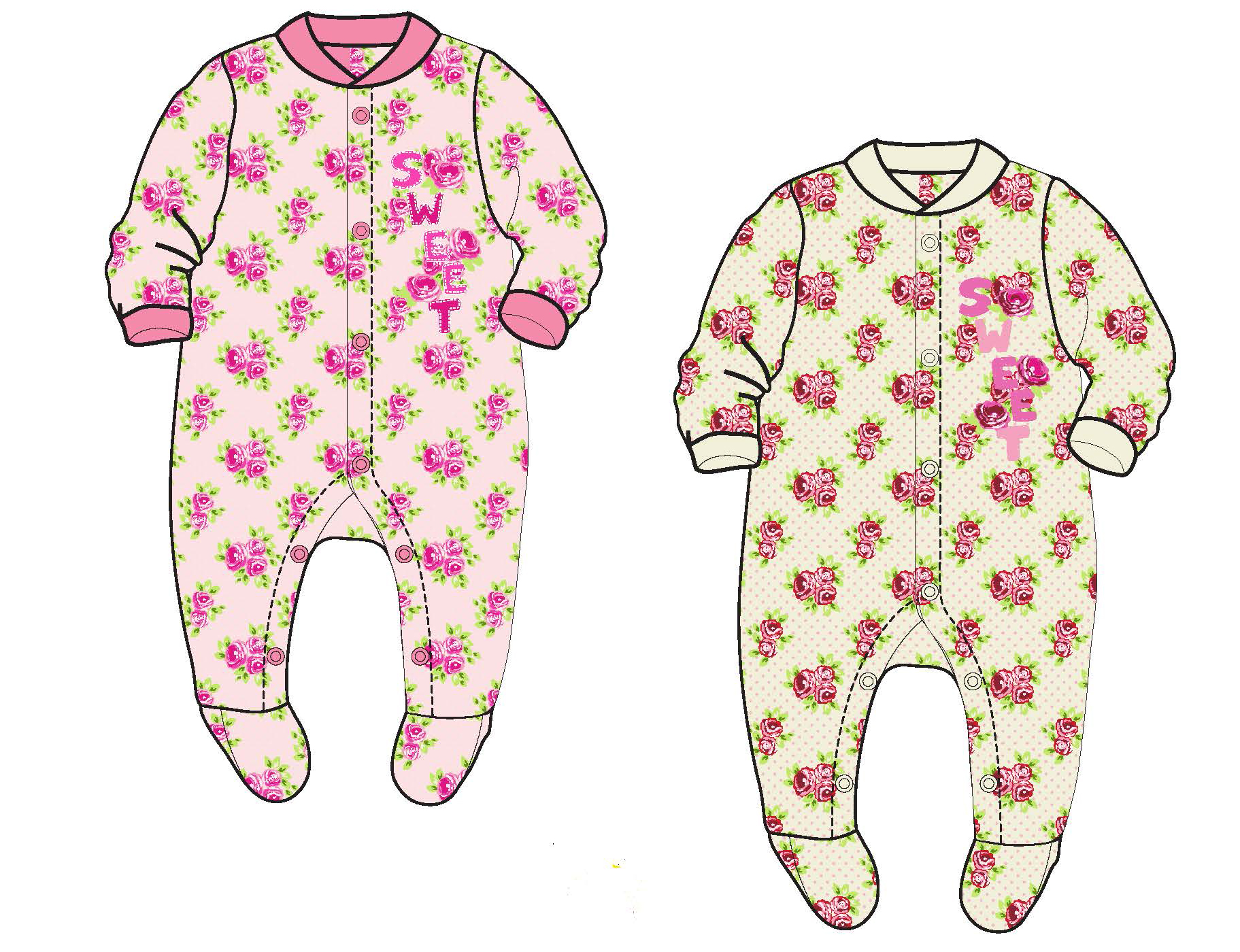 Baby Girl's Knit One-Piece Footed PAJAMAS w/ Embroidered Sweet & Rose Floral Print - Sizes 0/3M-9M