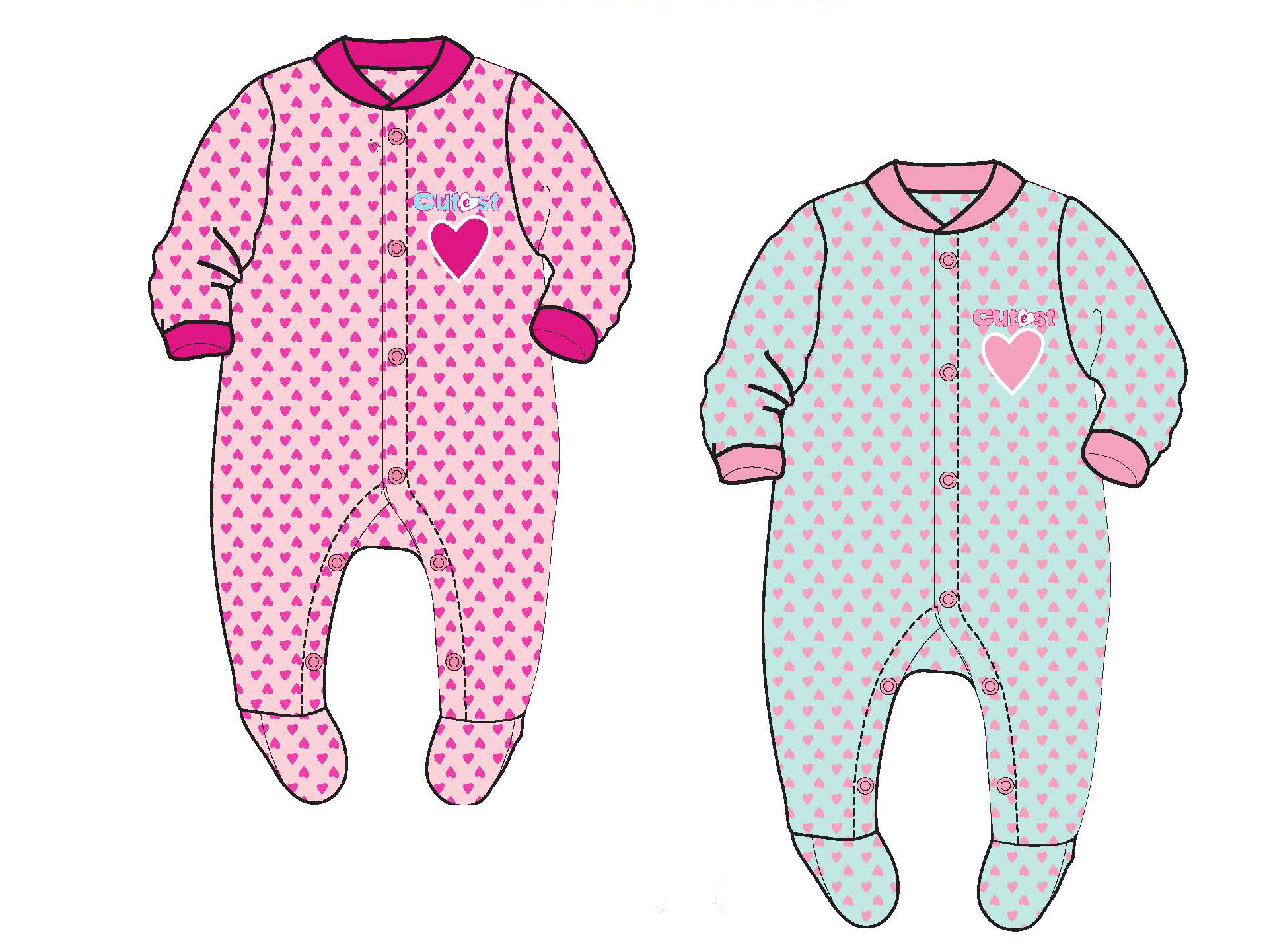 Baby Girl's Knit One-Piece Footed PAJAMAS w/ Embroidered Heart Print - Sizes 0/3M-9M
