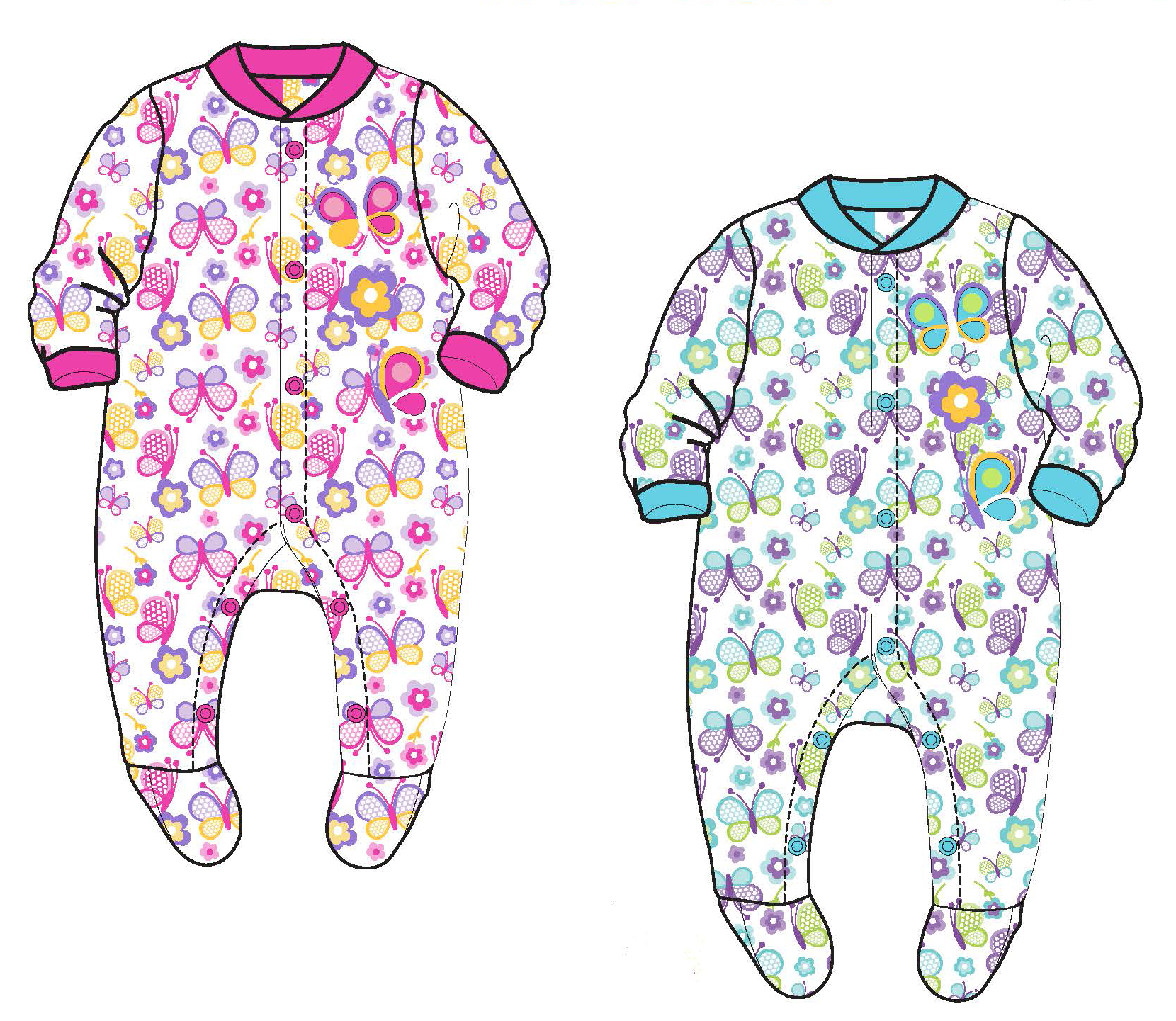 Baby Girl's Knit One-Piece Footed PAJAMAS w/ Butterfly & Flower Print - Sizes 0/3M-9M