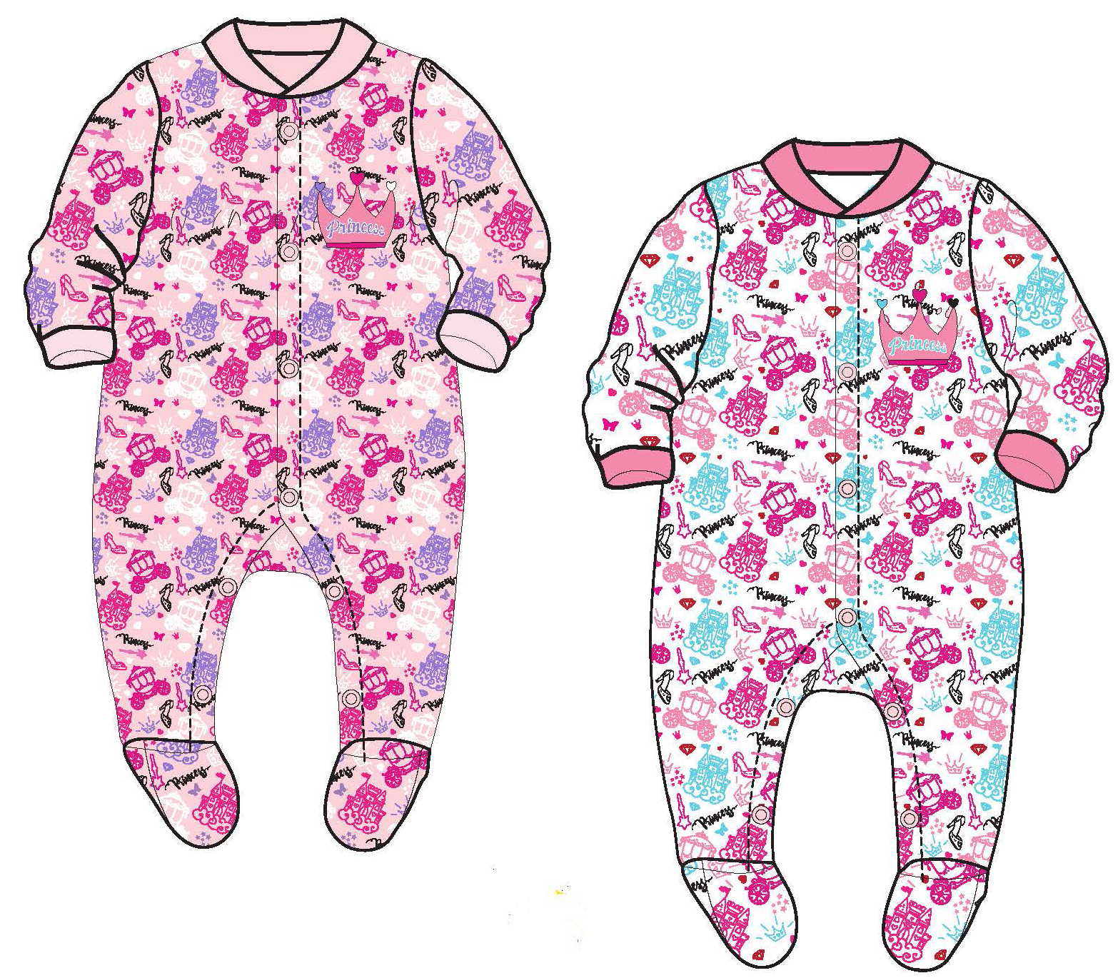 Baby Girl's Knit One-Piece Footed PAJAMAS w/ Little Royal Princess Print - Sizes 0/3M-9M