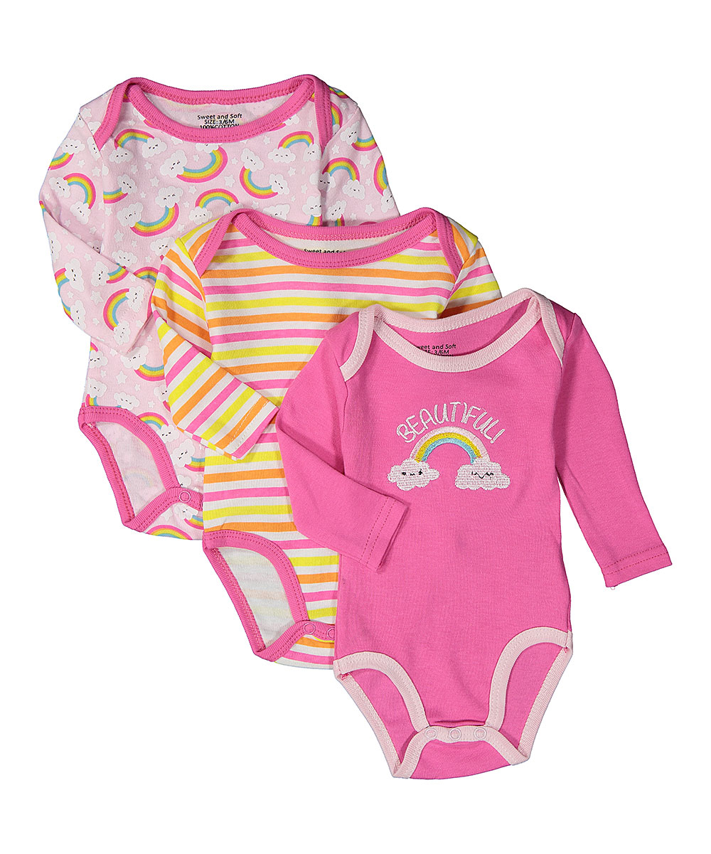 Baby Girl's Printed Long-Sleeve Bodysuit Onesies - Embroidered Rainbow & Striped Print - 3-Pack