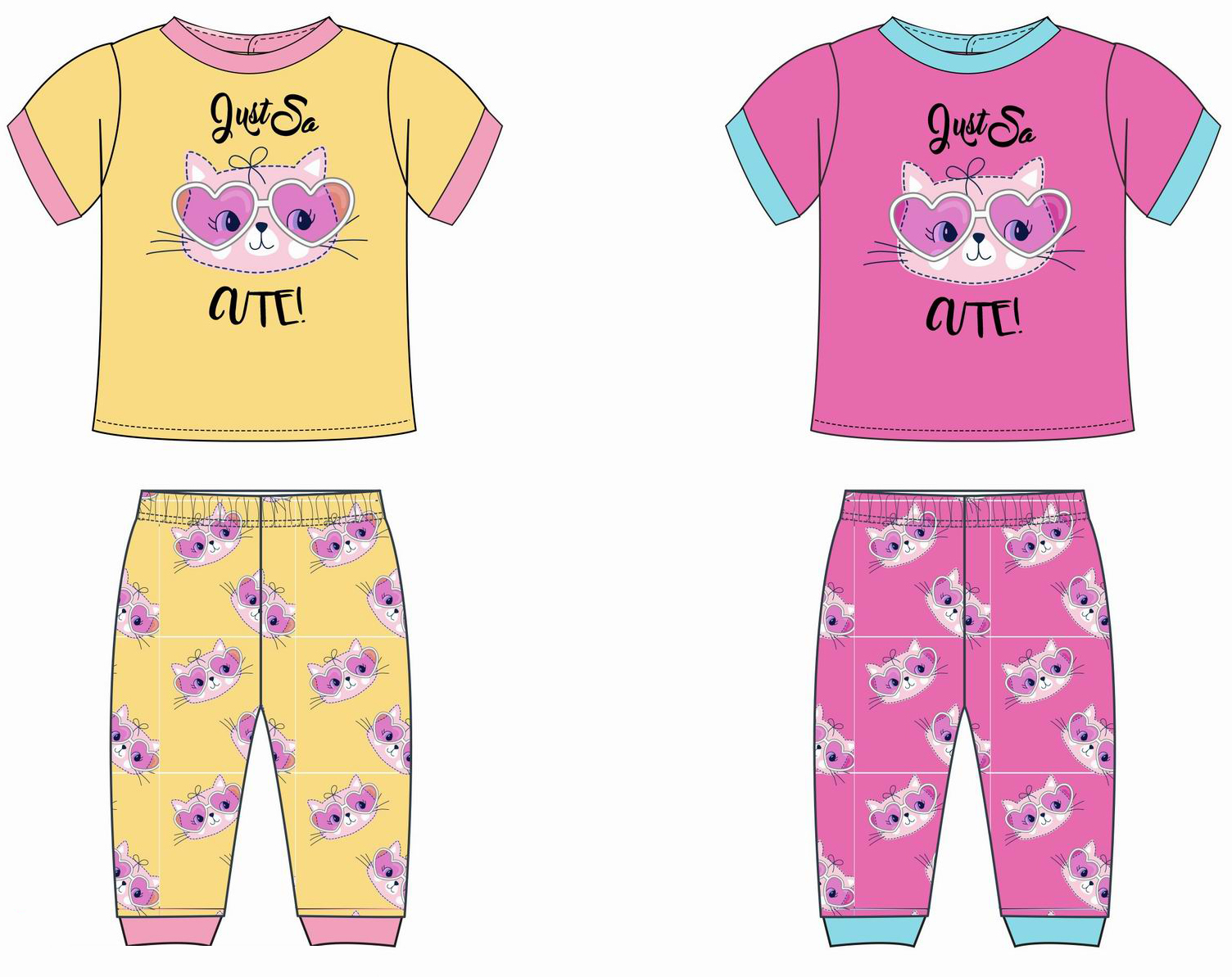 Girl's 2 PC. Short-Sleeve Rib PAJAMAS Sets w/ Just So Cute Cats & Kittens Print - Sizes 6-10
