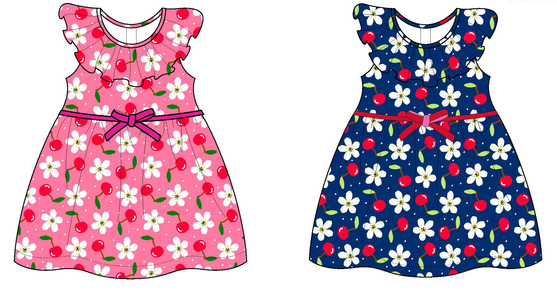 Baby Girl's Knit DRESS w/ Ruffle Top & Ribbon Bow Embellishment - Cherry & Floral Garden Print - Siz