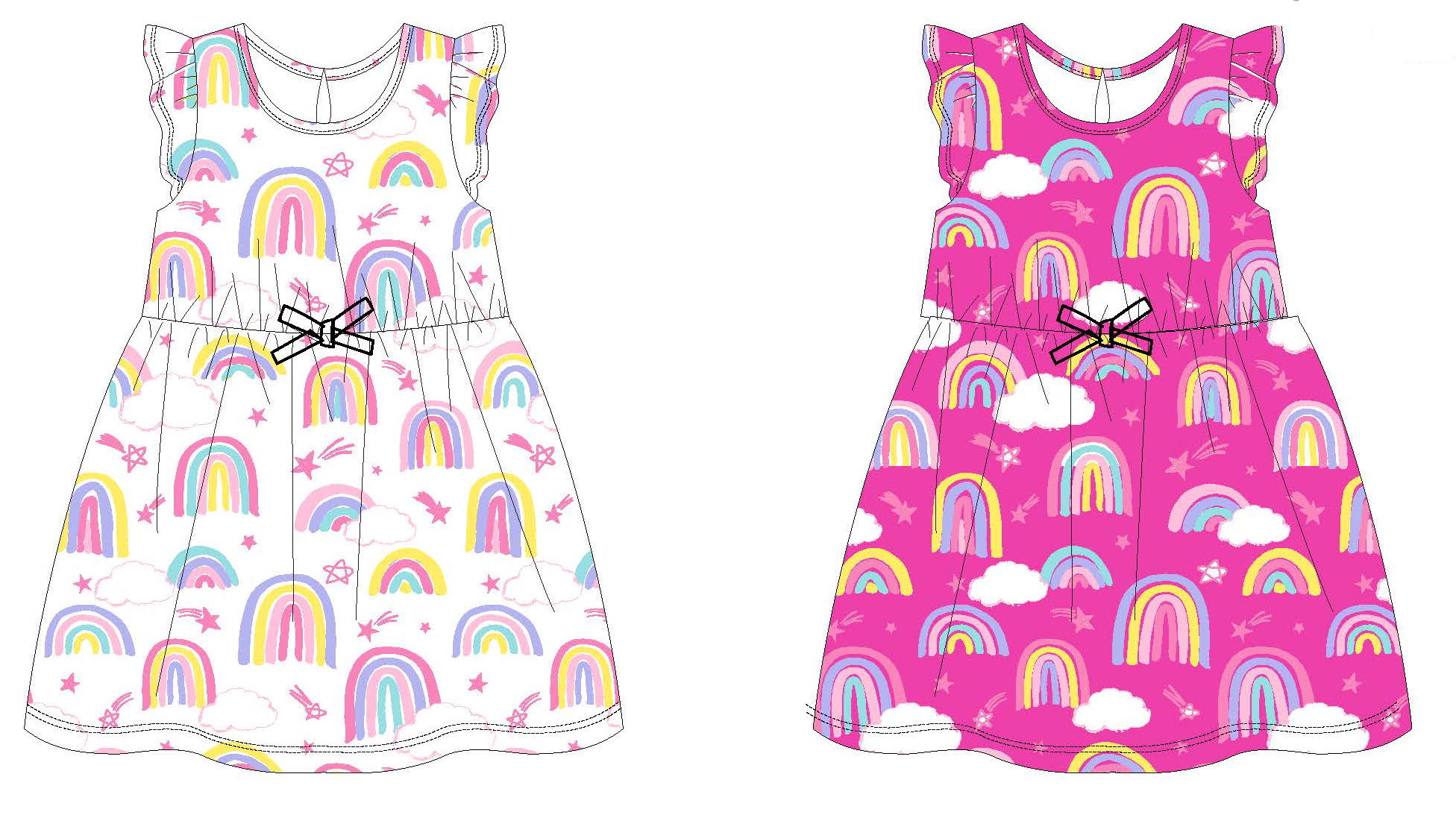 Toddler Girl's Sleeveless Knit DRESS w/ Ribbon Bow Embellishment - Rainbow & Dashing Star Print - Si