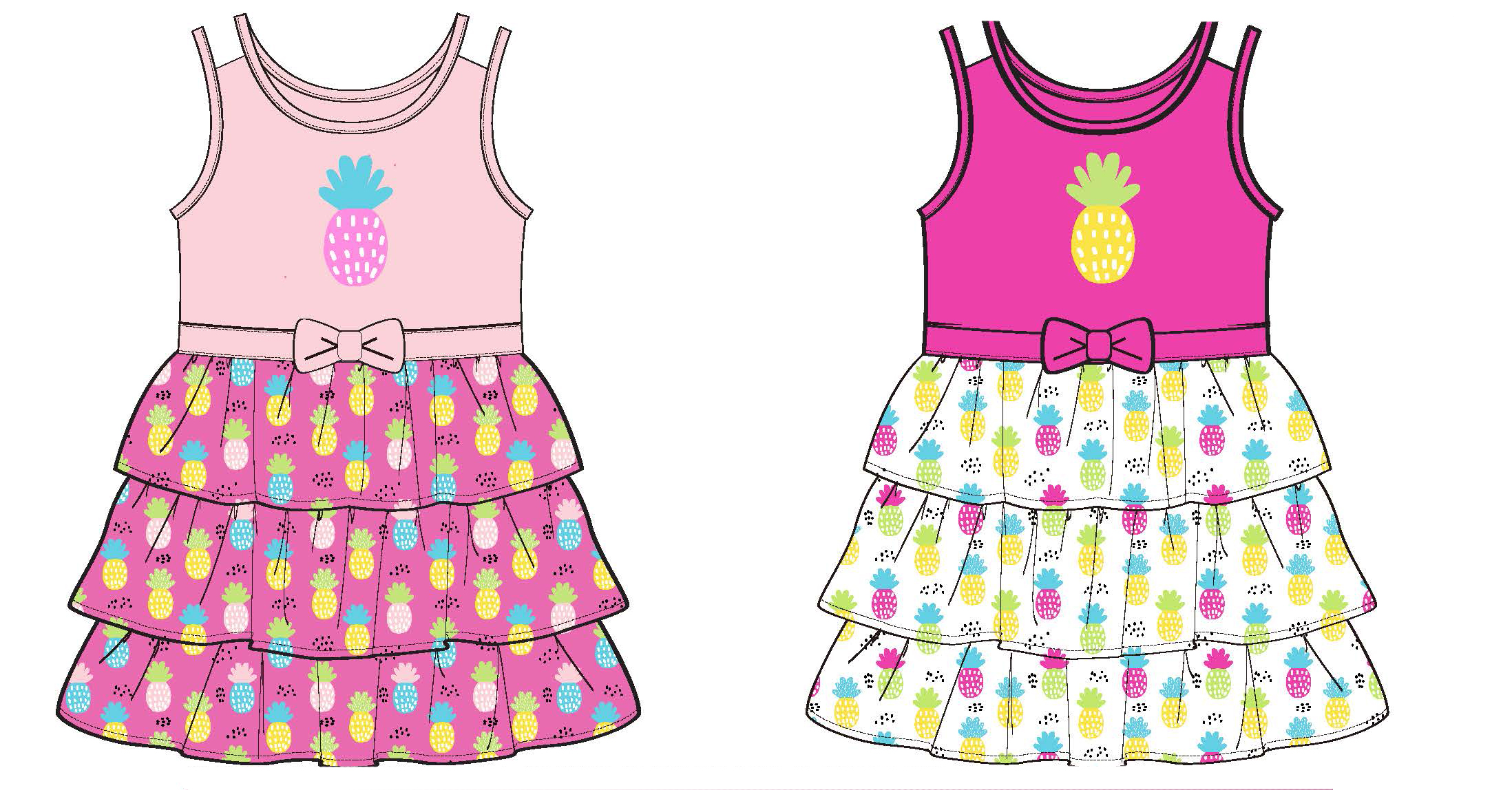 Toddler Girl's Sleeveless Tiered Ruffle Knit DRESS w/ Ribbon Bow Embellishment - Pineapple Print - S