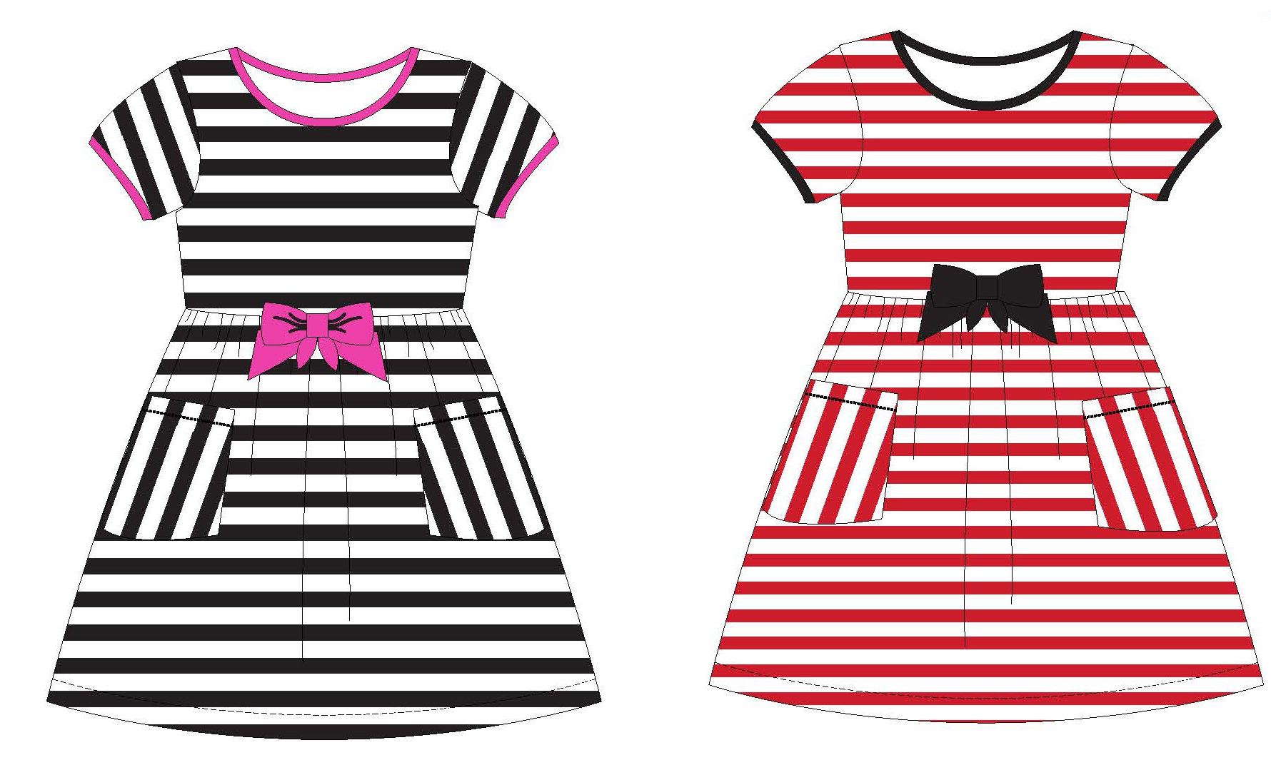 Toddler Girl's Short-Sleeved Stripped Knit DRESS w/ Embroidered Ribbon Bow - Size 2T-4T