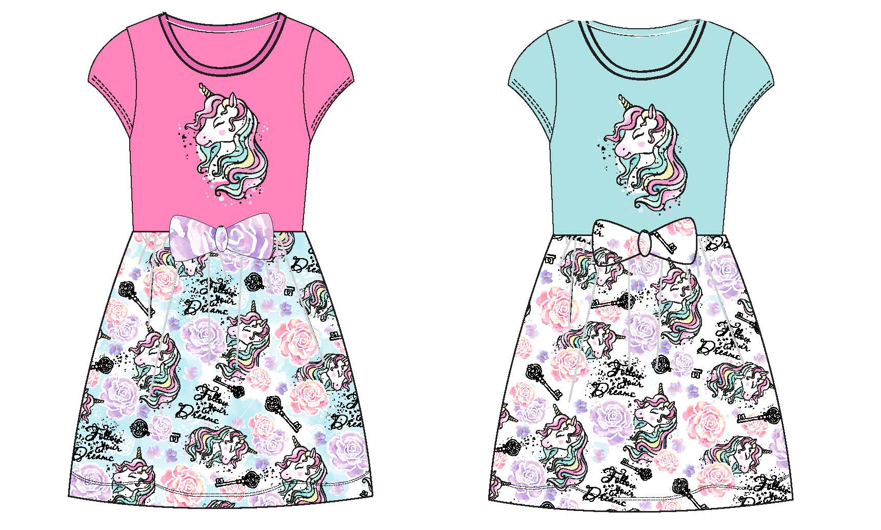 Girl's Short-Sleeved Knit Shirtwaist DRESS w/ Embroidered Bow - Magical Unicorn Print - Size 4-6X