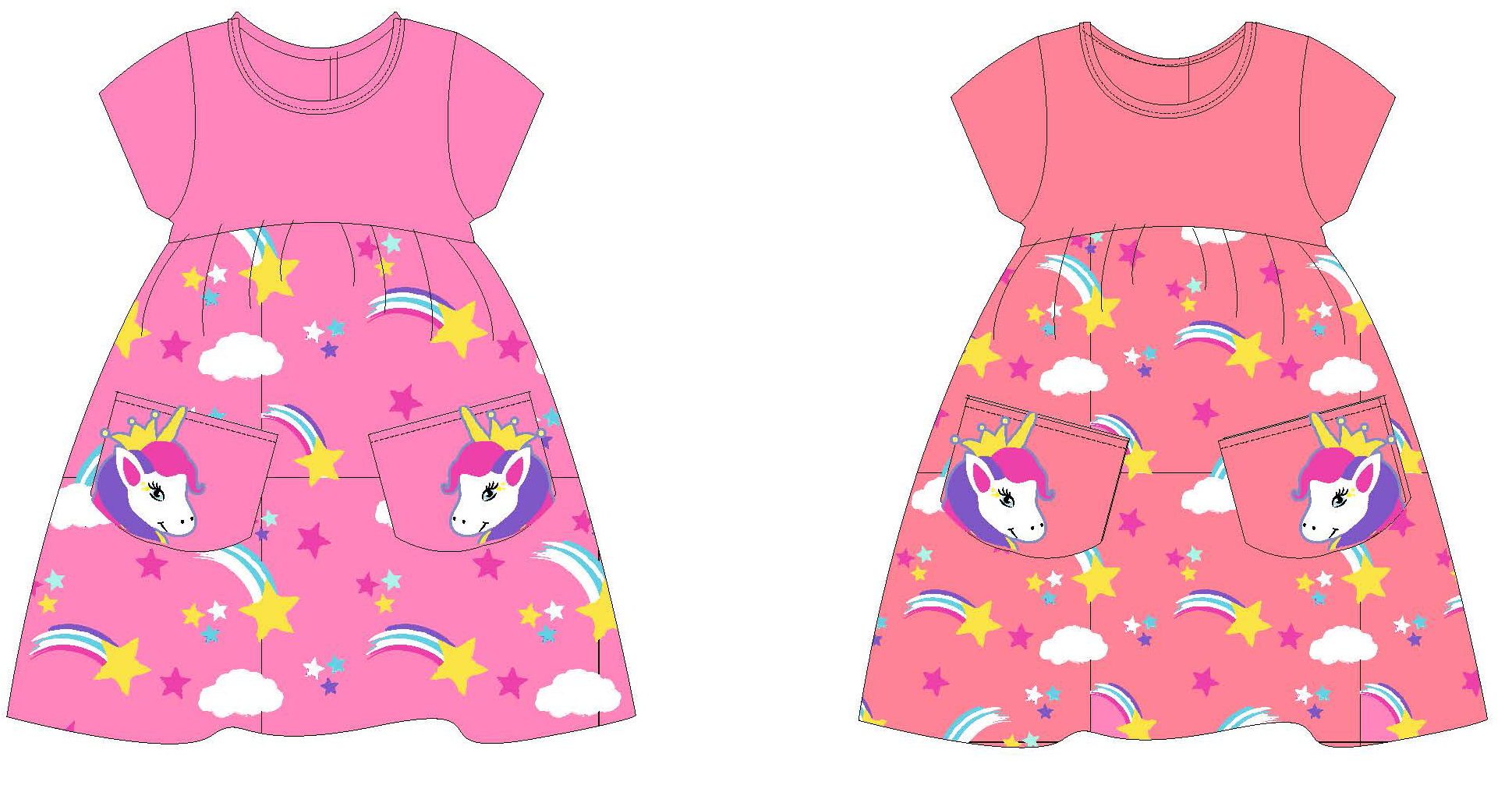 Toddler Girl's Short-Sleeved Knit DRESS w/ Cargo Pockets  - Unicorn & Rainbow Star Print - Size 2T-4