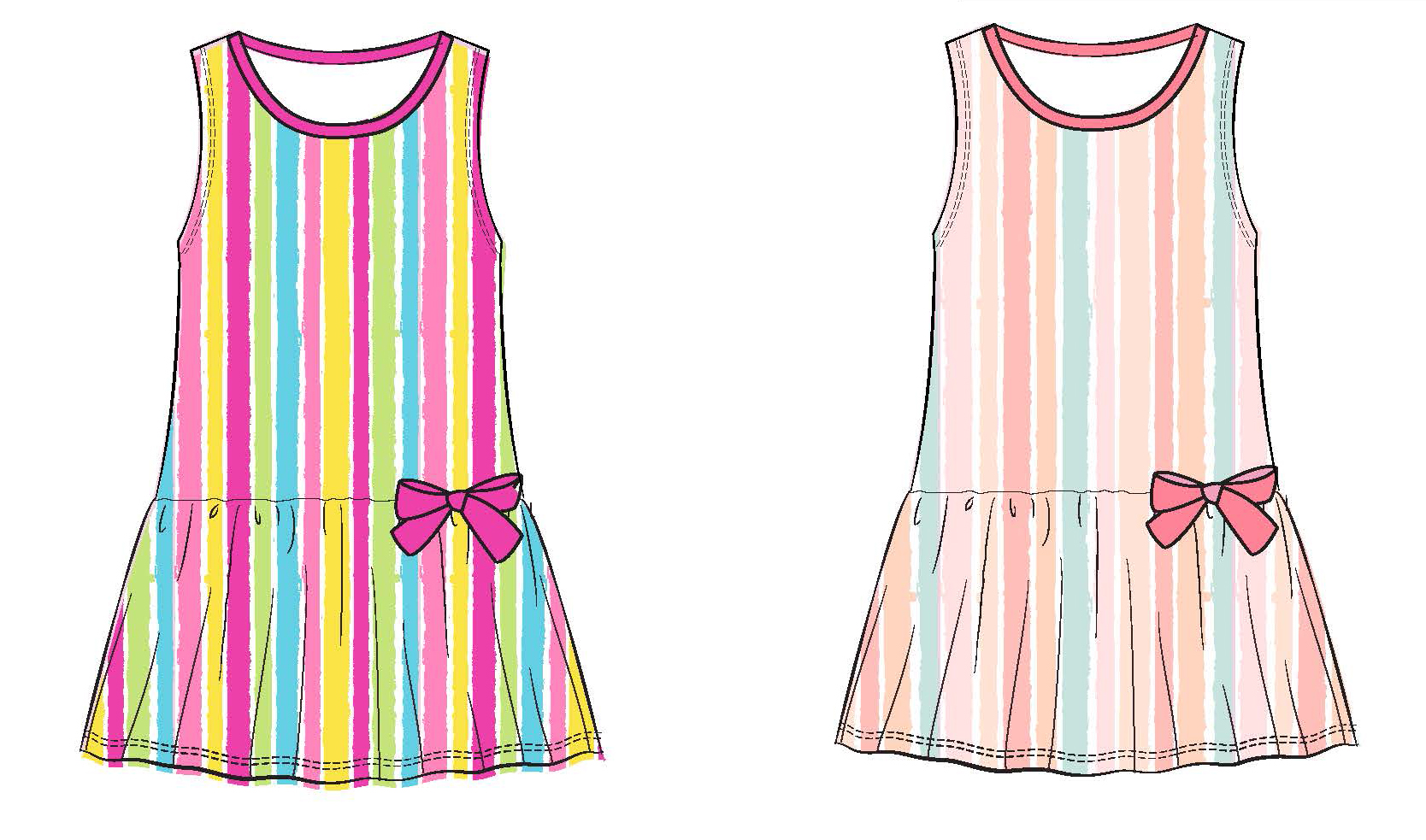 Toddler Girl's Sleeveless Knit Swing DRESS w/ Embroidered Bow - Two Tone Rainbow Stripes - Size 2T-4
