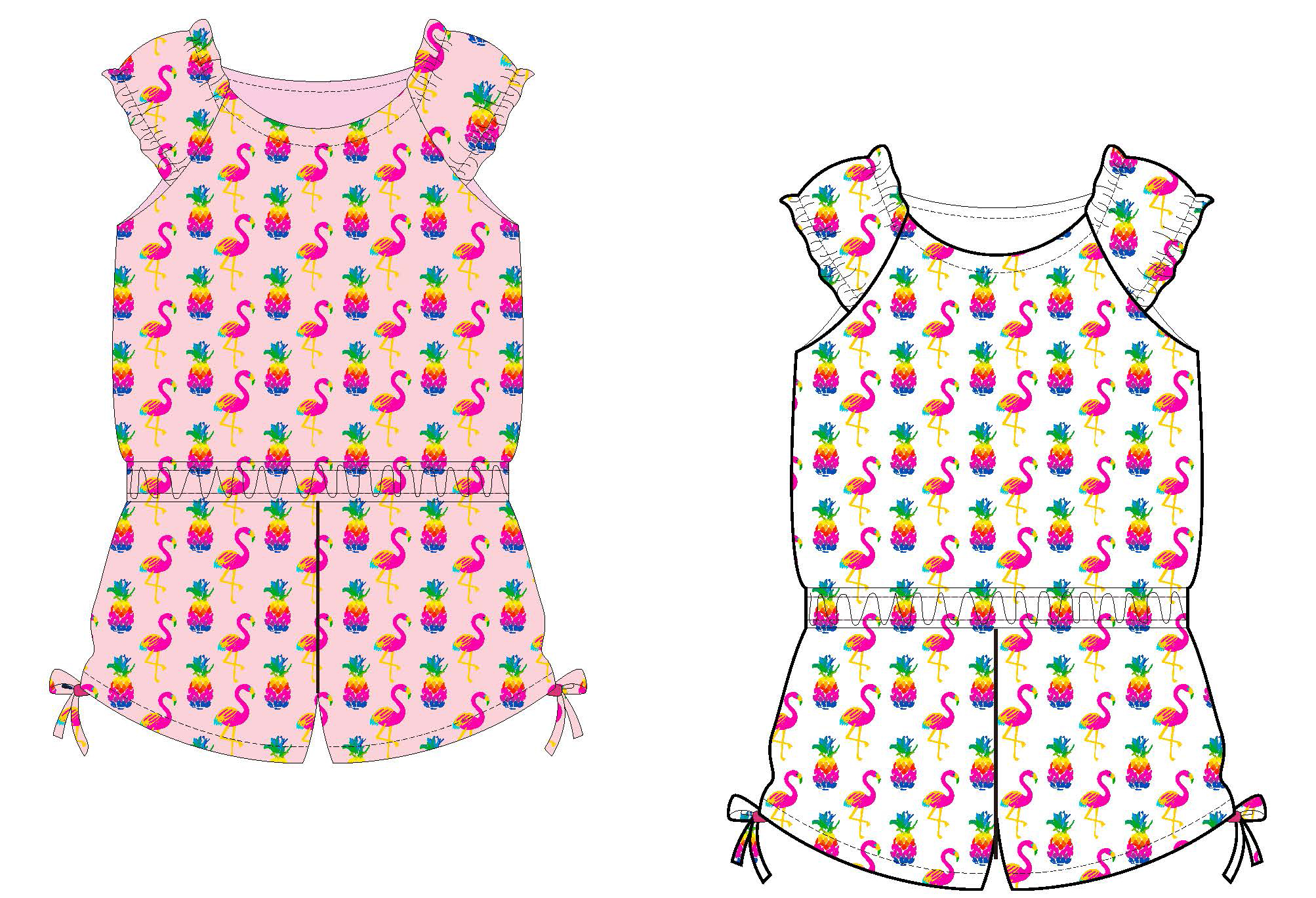 Baby Girl's Printed Knit Romper DRESS w/ Rainbow Flamingo & Pineapple Print - Size 0/3M-9M