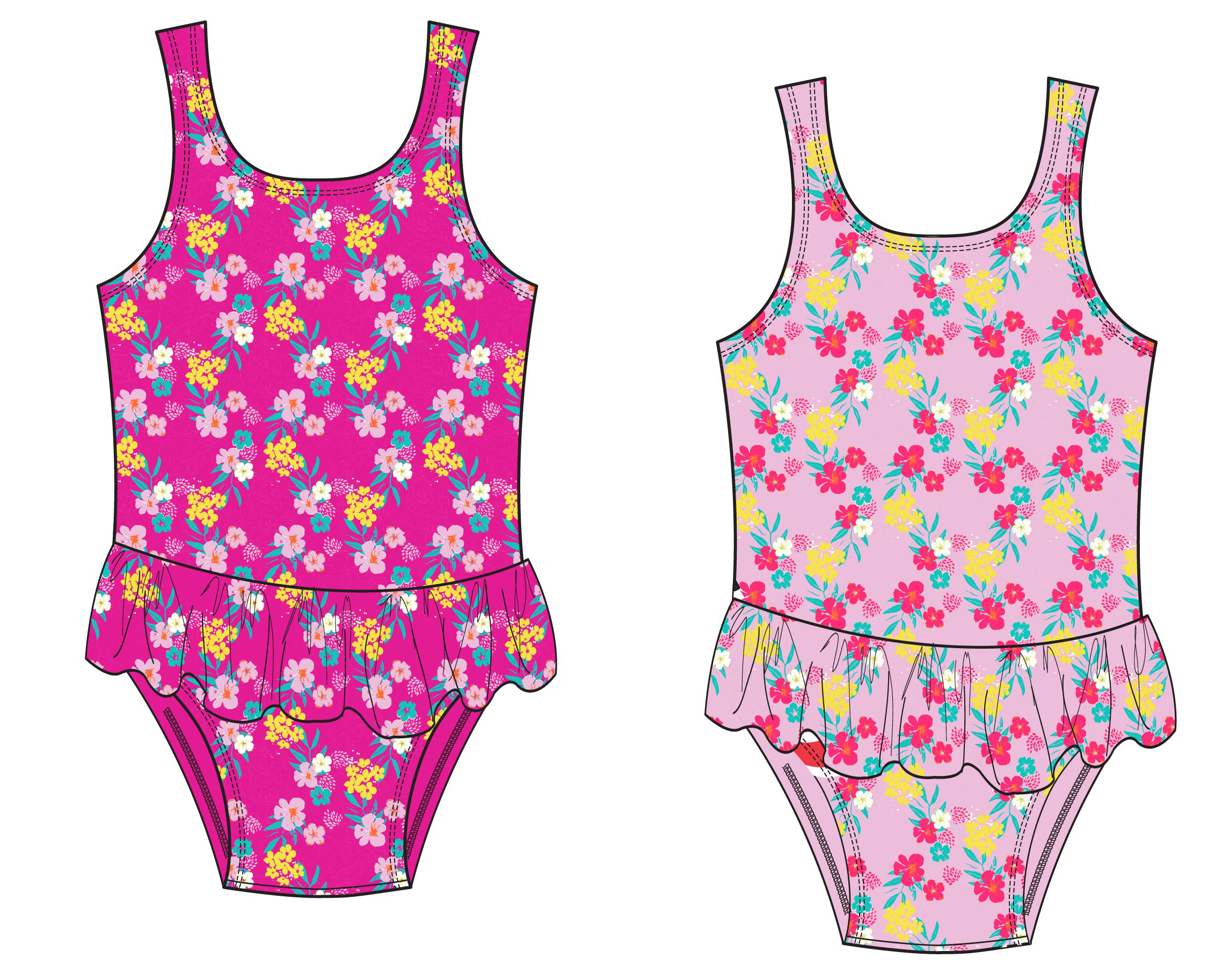 Baby Girl's One-Piece Printed Swimsuits w/ Ruffle SKIRT - Hibiscus Floral Print - Sizes 12M-24M