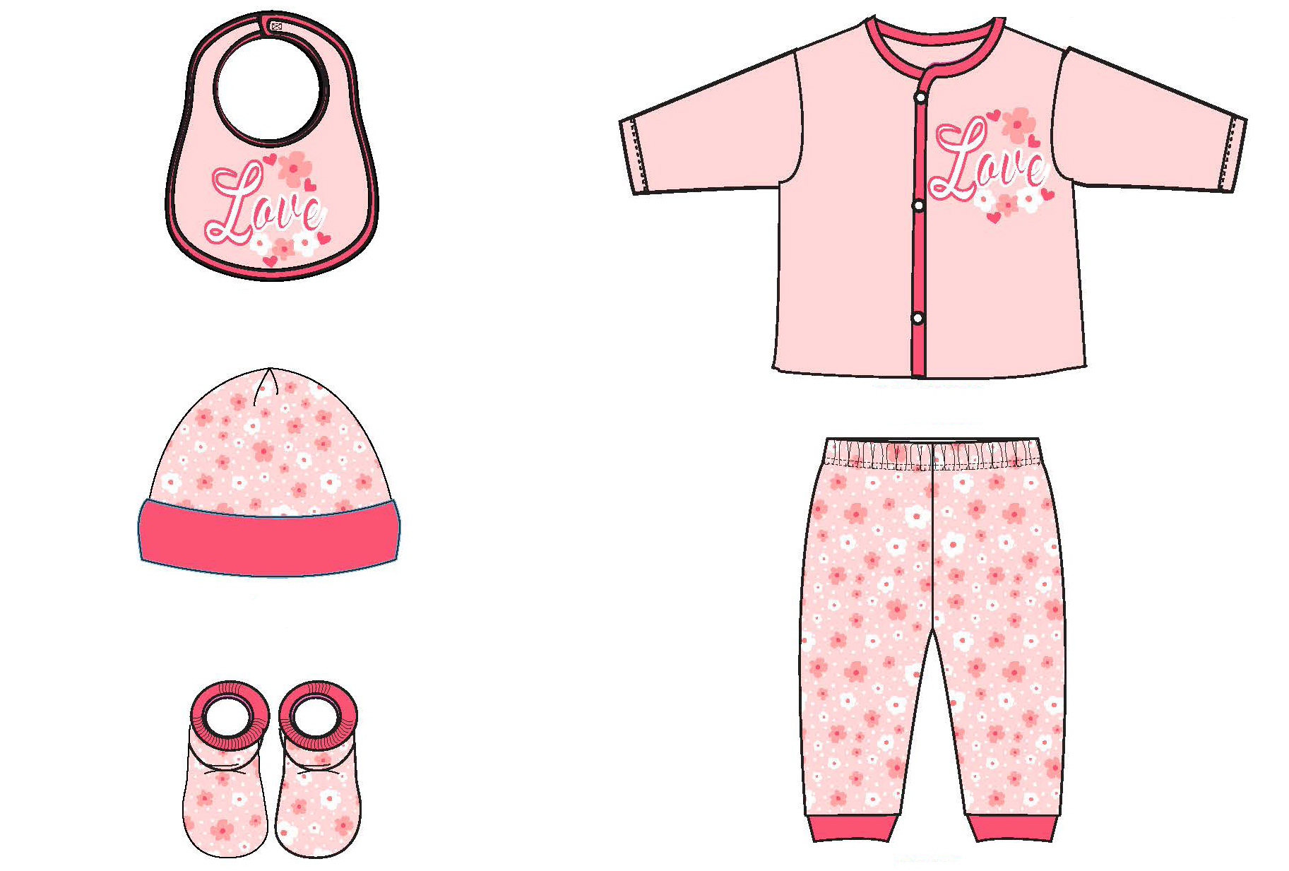 5 PC. Baby Girl's Printed Cardigan & Apparel Sets w/ Floral Love Print
