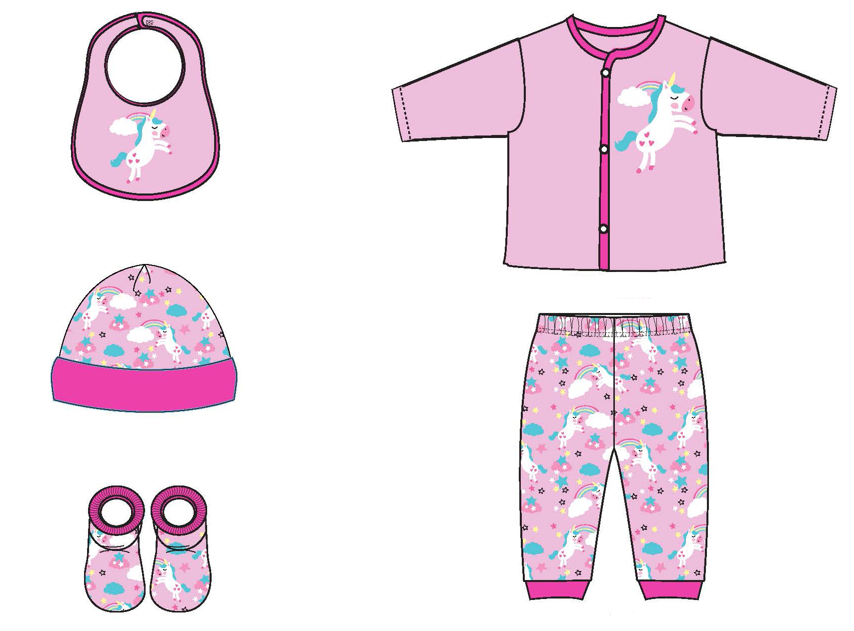 5 PC. Baby Girl's Printed Cardigan & Apparel Sets w/ Rainbow & Unicorn Print