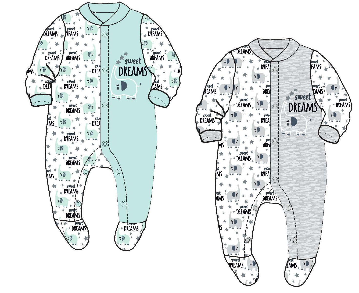 Gender Neutral Baby's Knit Footed PAJAMAS w/ Sweet Dreams & Elephant Print