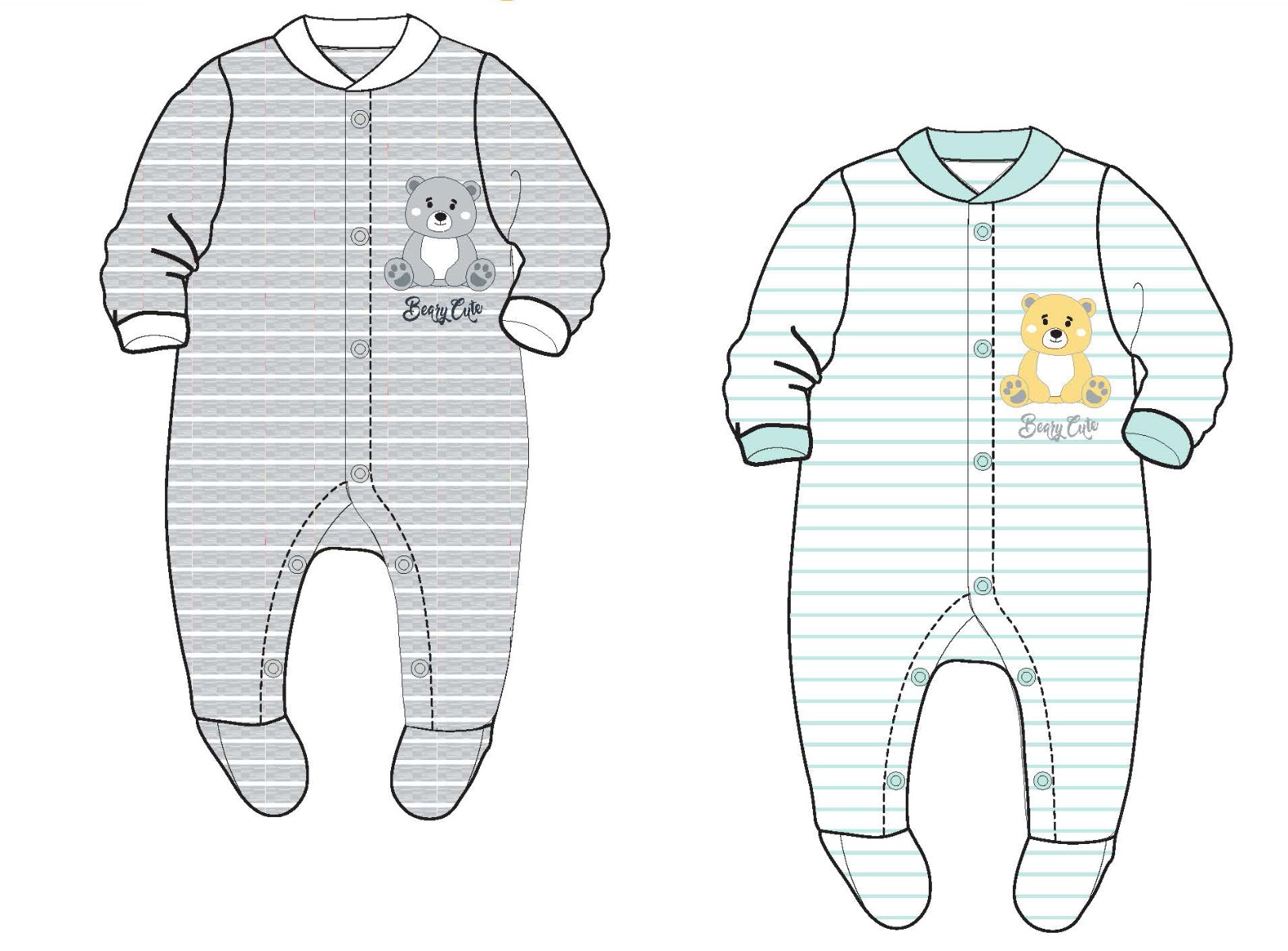 Gender Neutral Baby's Knit Striped Footed PAJAMAS w/ Teddy Bear Print