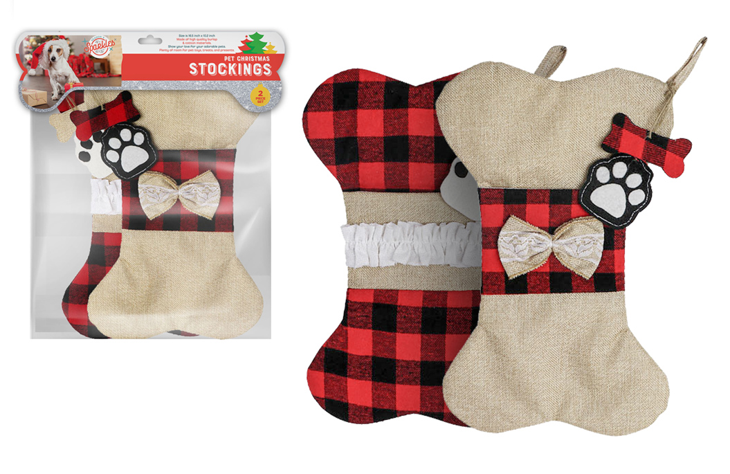 Burlap Bone-Shaped Christmas Stockings w/ Plaid Print & Embroidered Dog Paw - 2-Pack