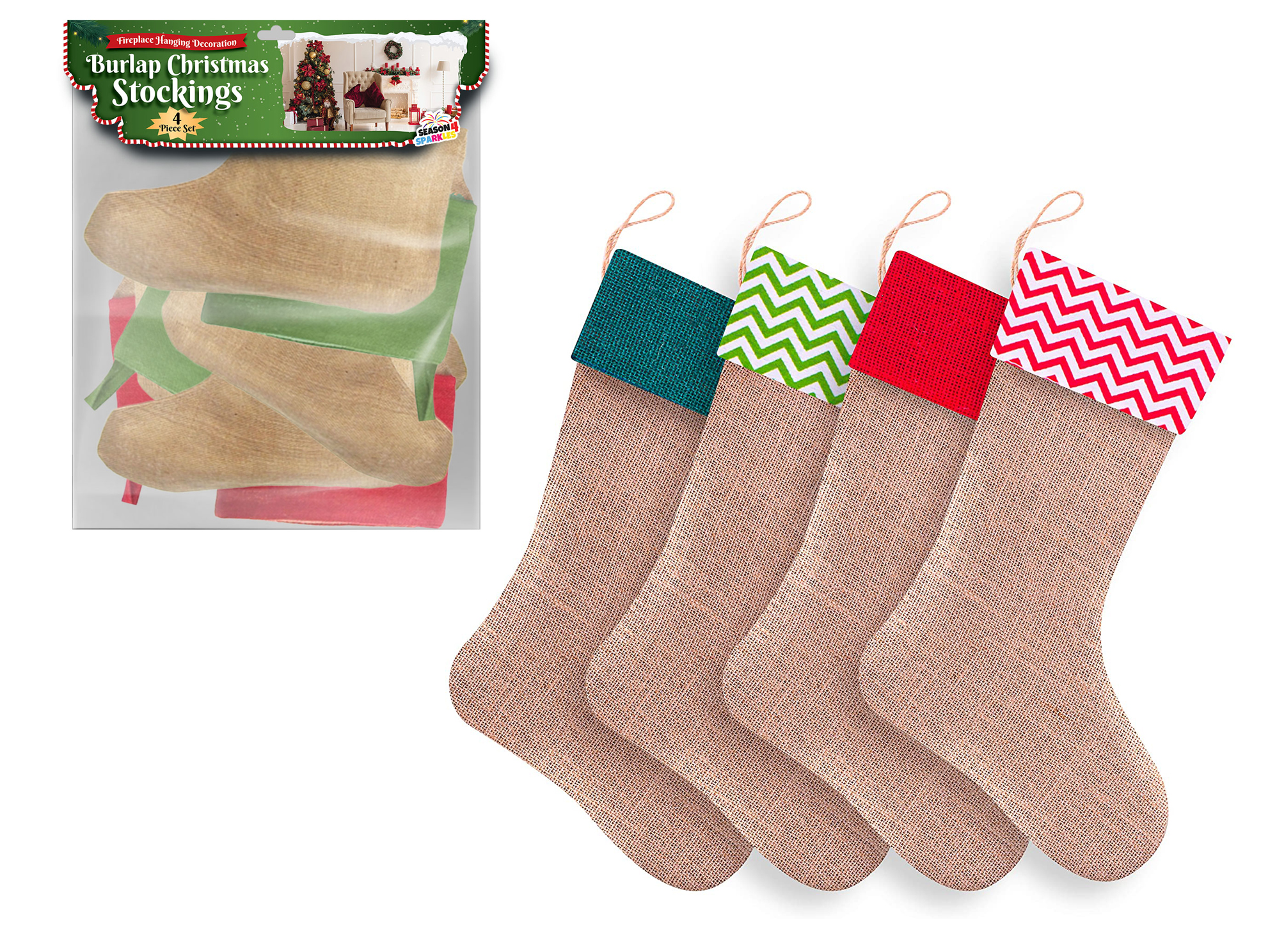 Burlap CHRISTMAS Stockings w/ Chevron & Solid Print - 4-Pack