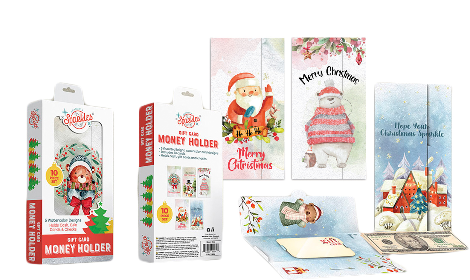 Christmas Printed Watercolor Gift CARD Money Holders w/ Envelopes - 10-Pack