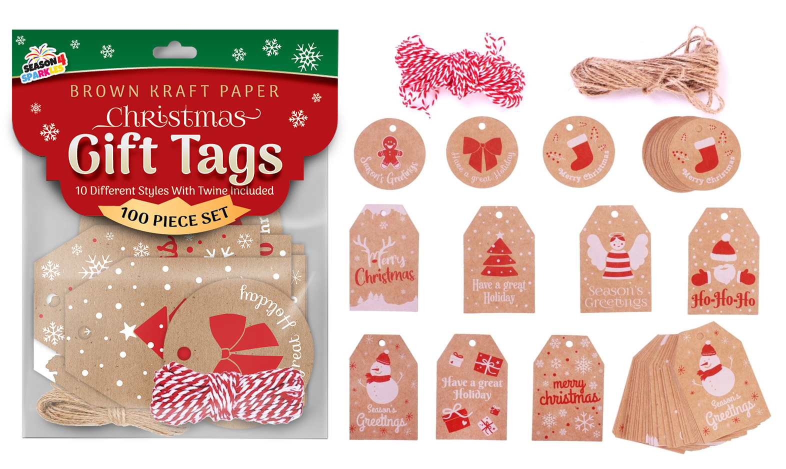 100-Piece Brown Kraft Paper CHRISTMAS Gift Tags w/ Twine String