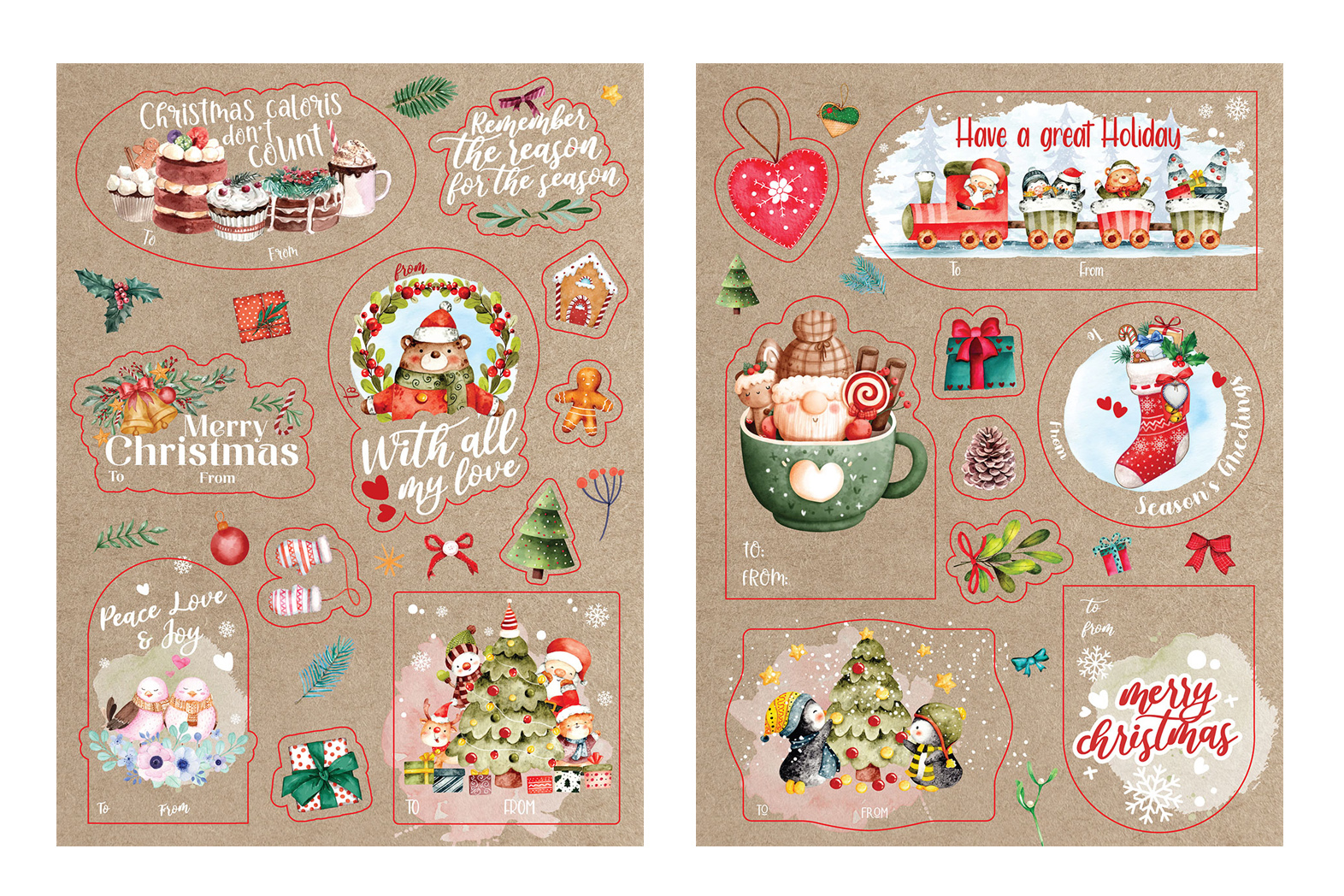 50-Piece Christmas Printed Kraft Sticker SHEETS