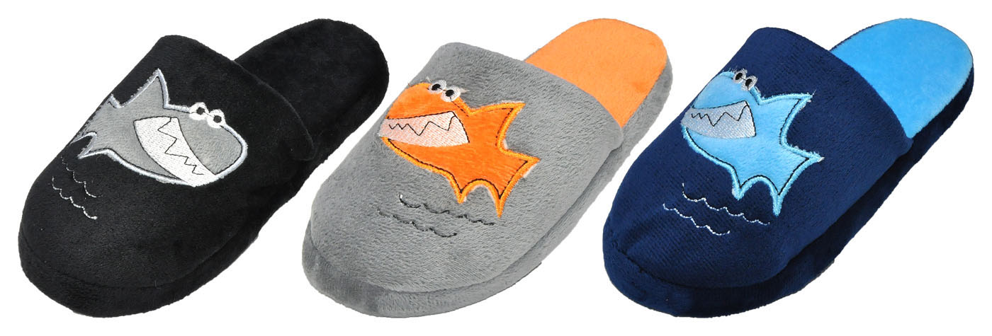 Boy's Terry Cloth Mule SLIPPERS w/ Shark Adornment & Soft Footbed