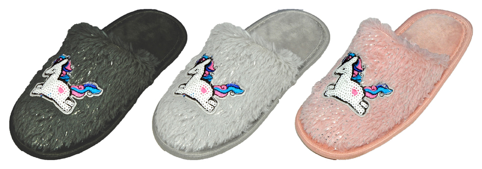 Girl's Mule Bedroom Slippers w/ Sequin UNICORN & Glitter Faux Fur