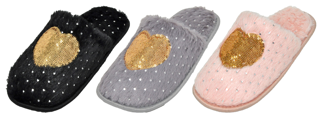 Women's Faux Fur Mule Bedroom SLIPPERS w/ Sequin Hearts & Embroidered Gems