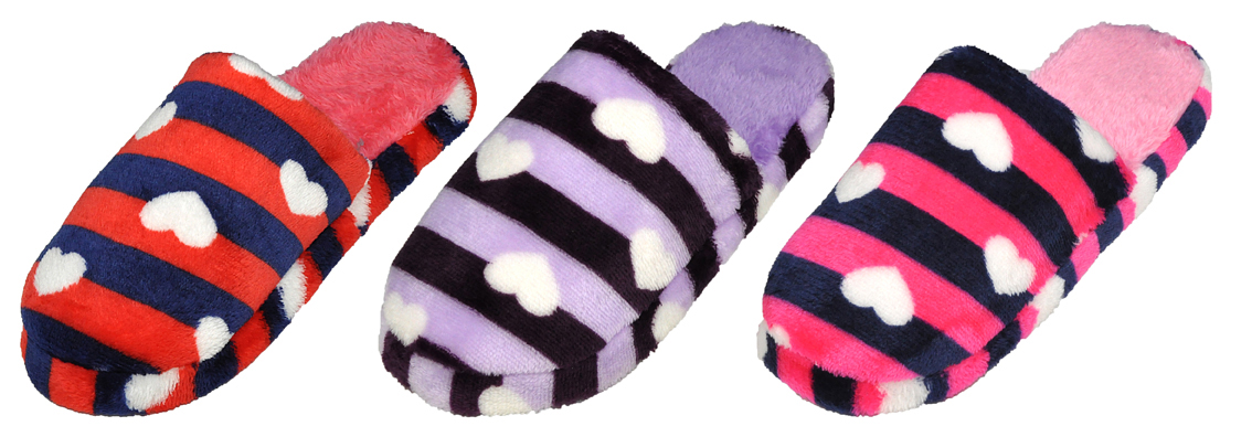 Women's Striped Microsuede Mule SLIPPERS w/ Heart Print & Soft Footbed