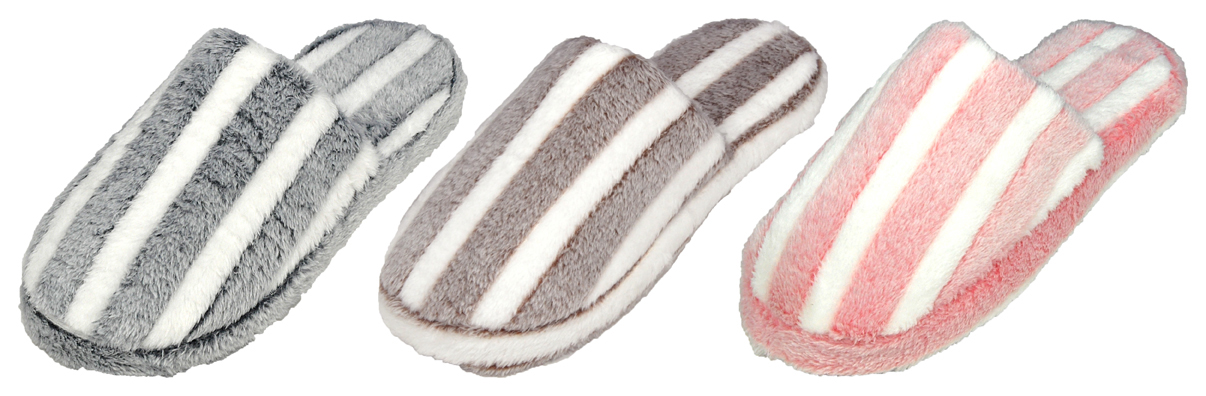 Women's Faux Fur Mule Bedroom SLIPPERS w/ Two Tone Stripes & Soft Footbed