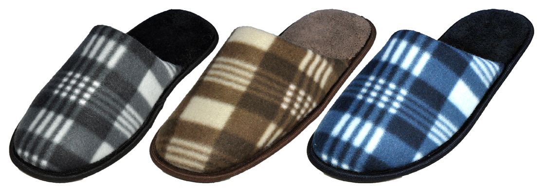 Men's Mule Bedroom Slippers w/ Plaid Print & Sherpa Footbed