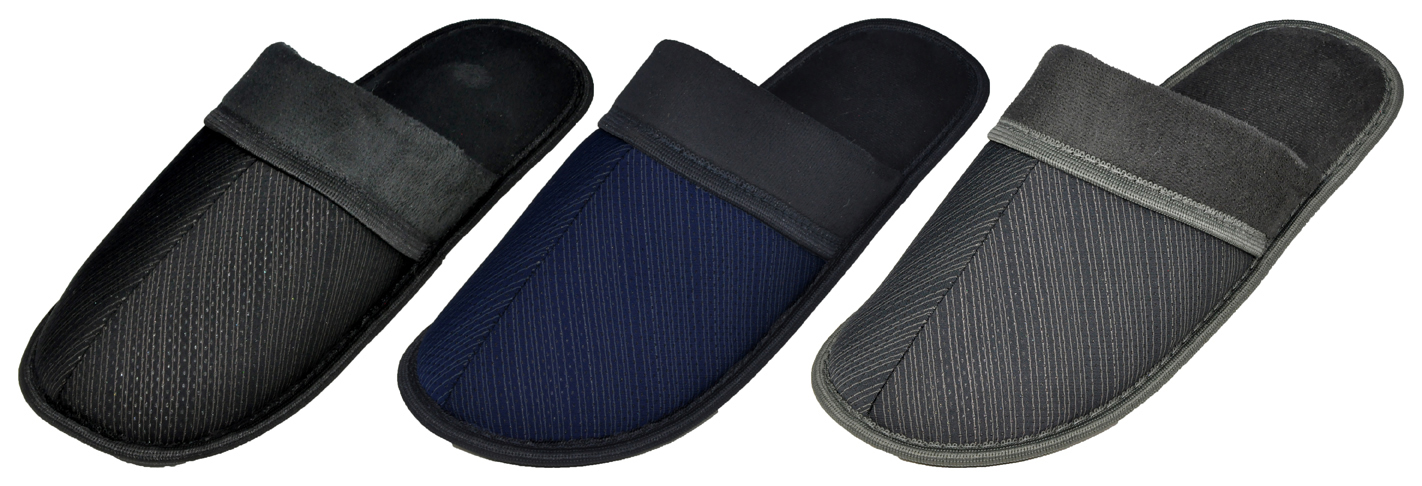 Men's Striped Bedroom SLIPPERS w/ Microsuede Cuff & Soft Footbed
