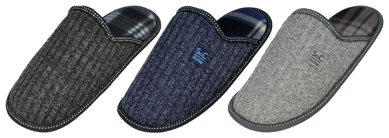 Men's Knit Mule Bedroom SLIPPERS w/ Soft Plaid Footbed