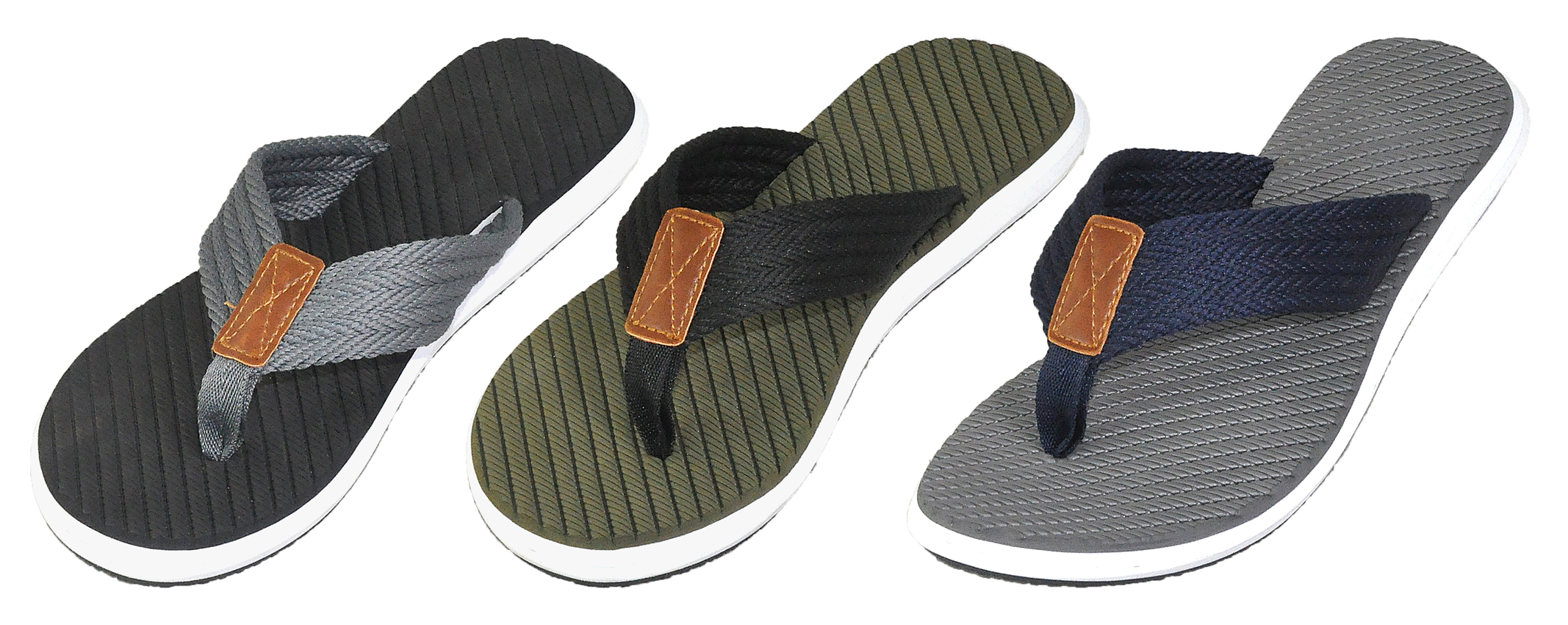 Men's Thong Sandals Flip Flops w/ Cloth Straps & Faux LEATHER Patch Embelishment