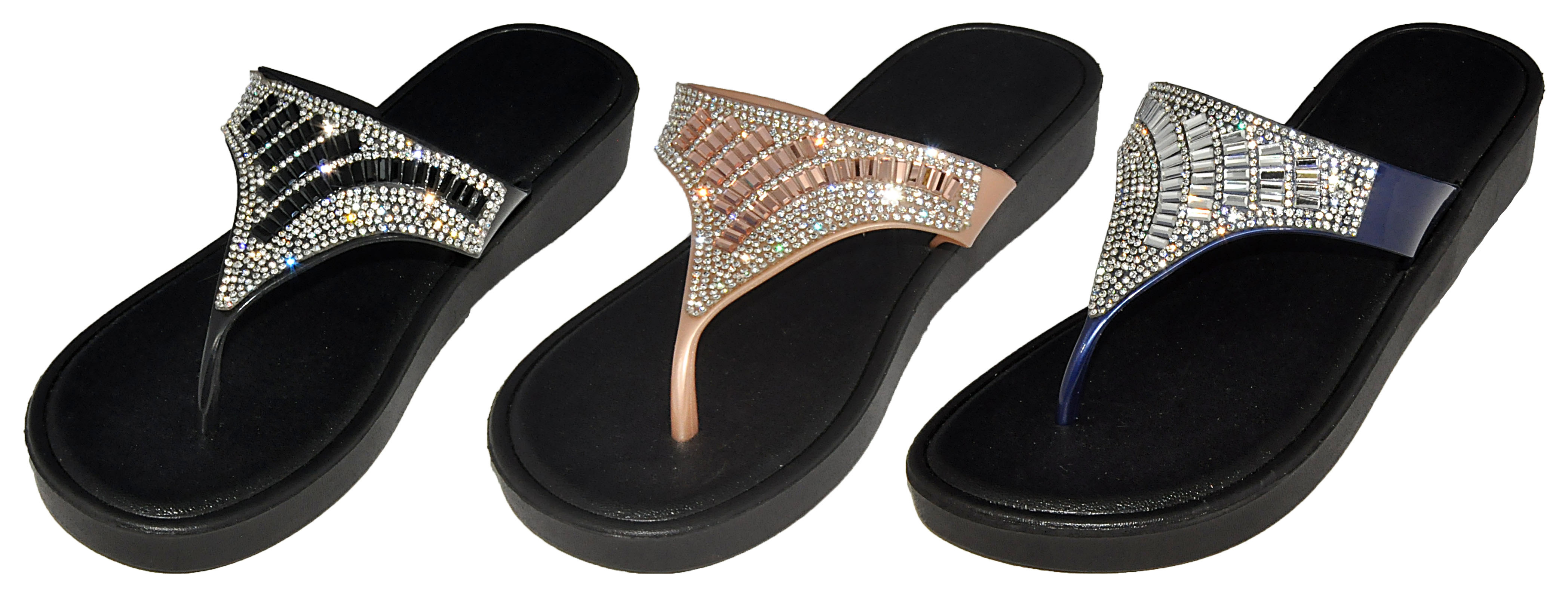 Women's Wedge Thong Flip Flop SANDALS w/ Embroidered Rhinestones & Jewels