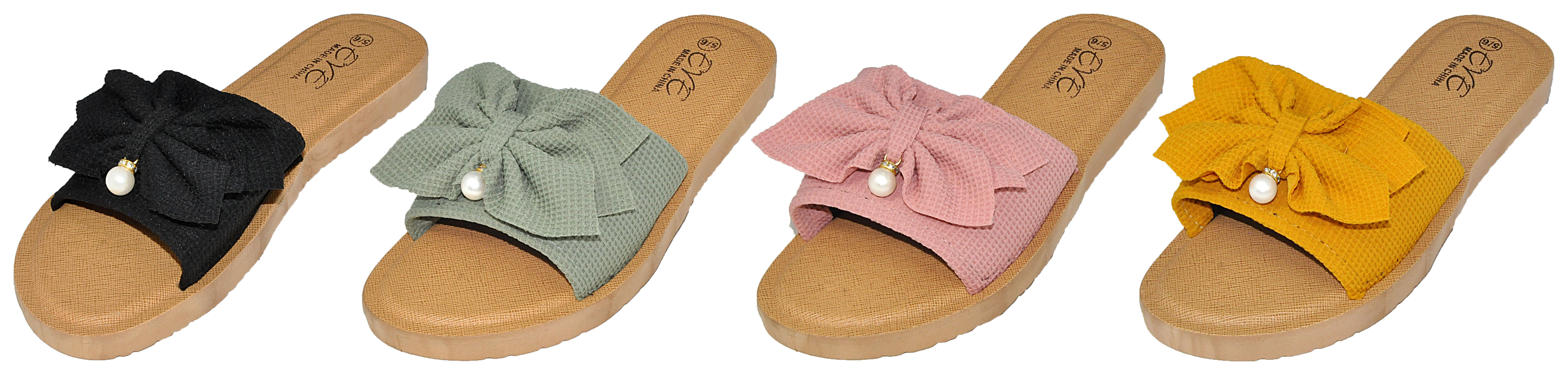 Women's Wedge Slide Sandals w/ Knit Bow TIE Strap & Pearl Embellishment