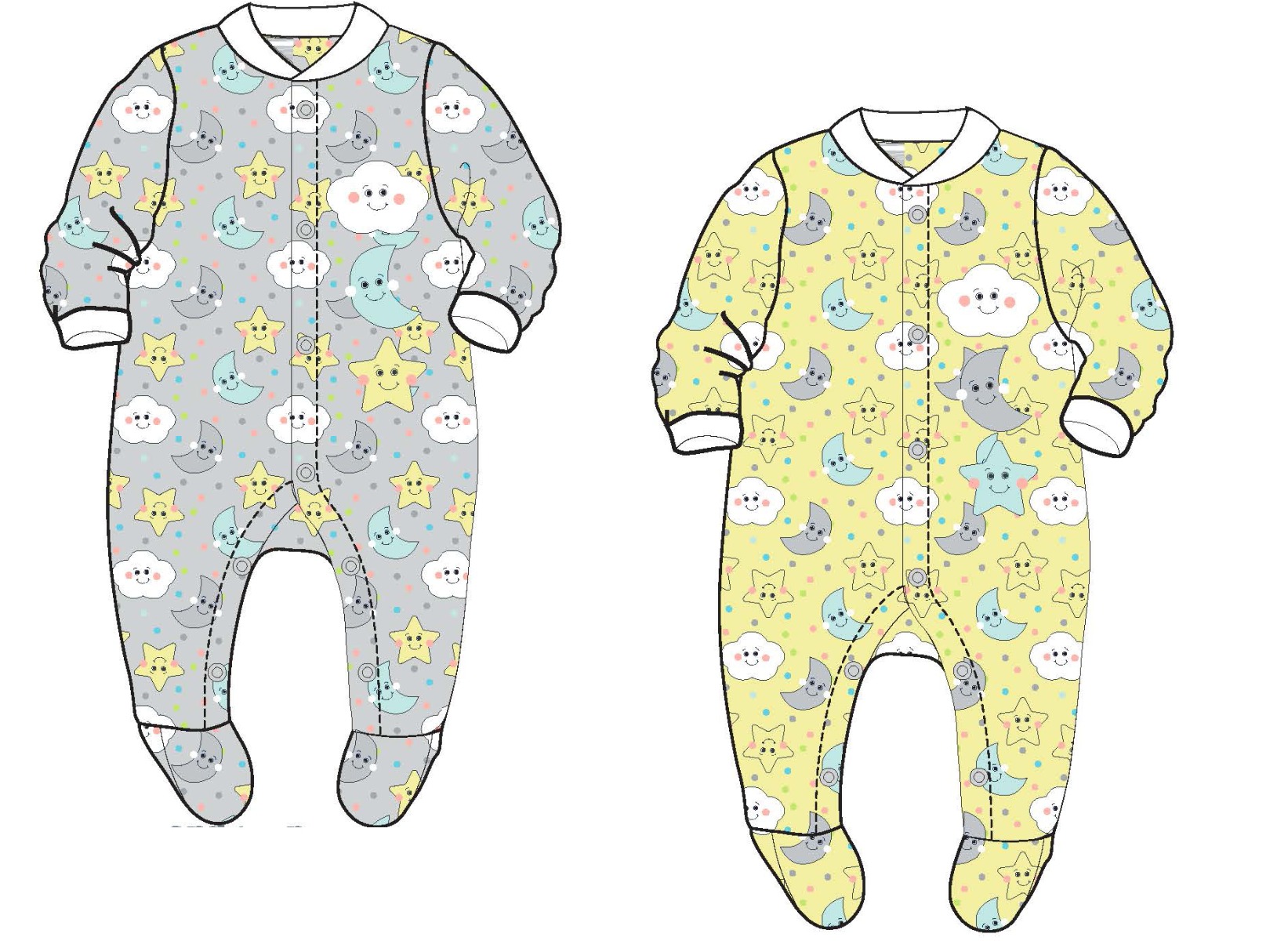 Gender Neutral Baby's Knit Footed PAJAMAS w/ Night Moon & Star Print