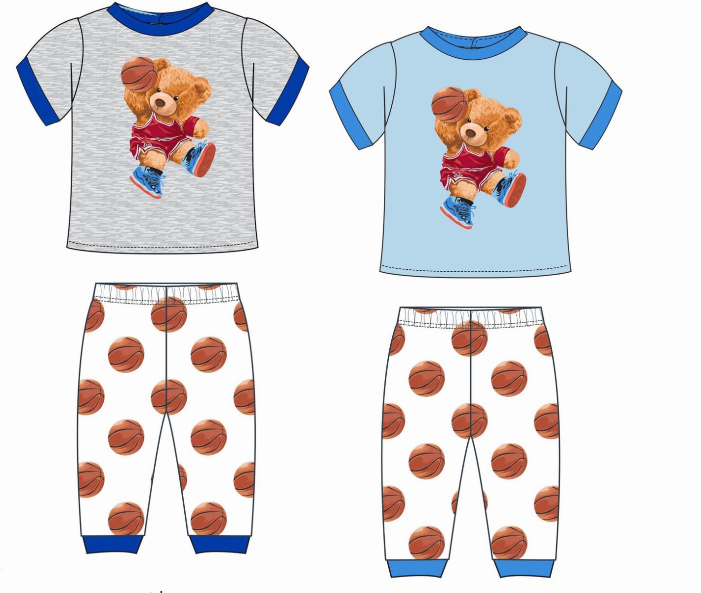 Boy's 2 PC. Rib Pajama Sets w/ Short-Sleeve Shirt & Pull-On Pants - BASKETBALL Bear Print - Ages 6-1